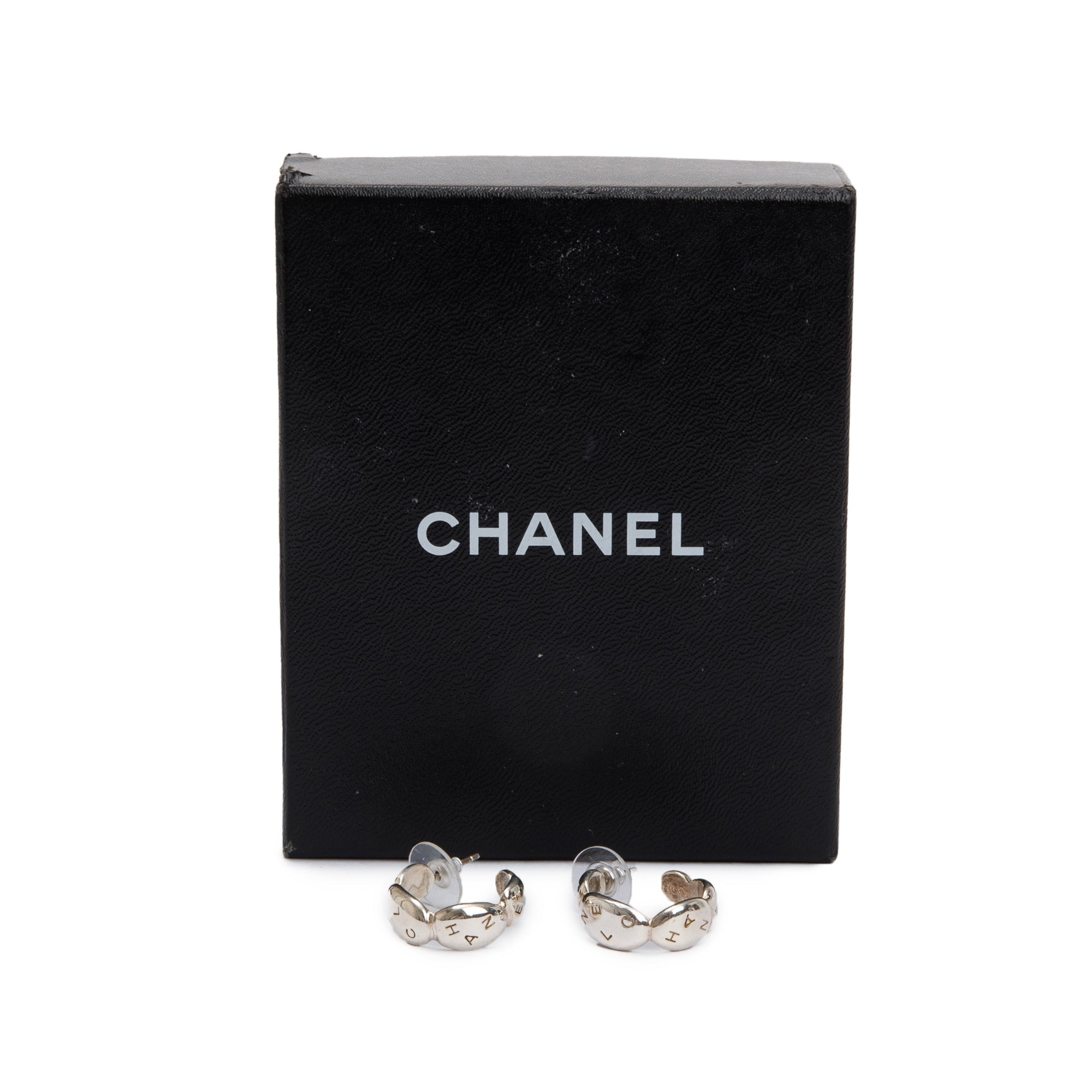 Chanel Sterling Silver Logo Engraved Hoop Earrings w/ Box