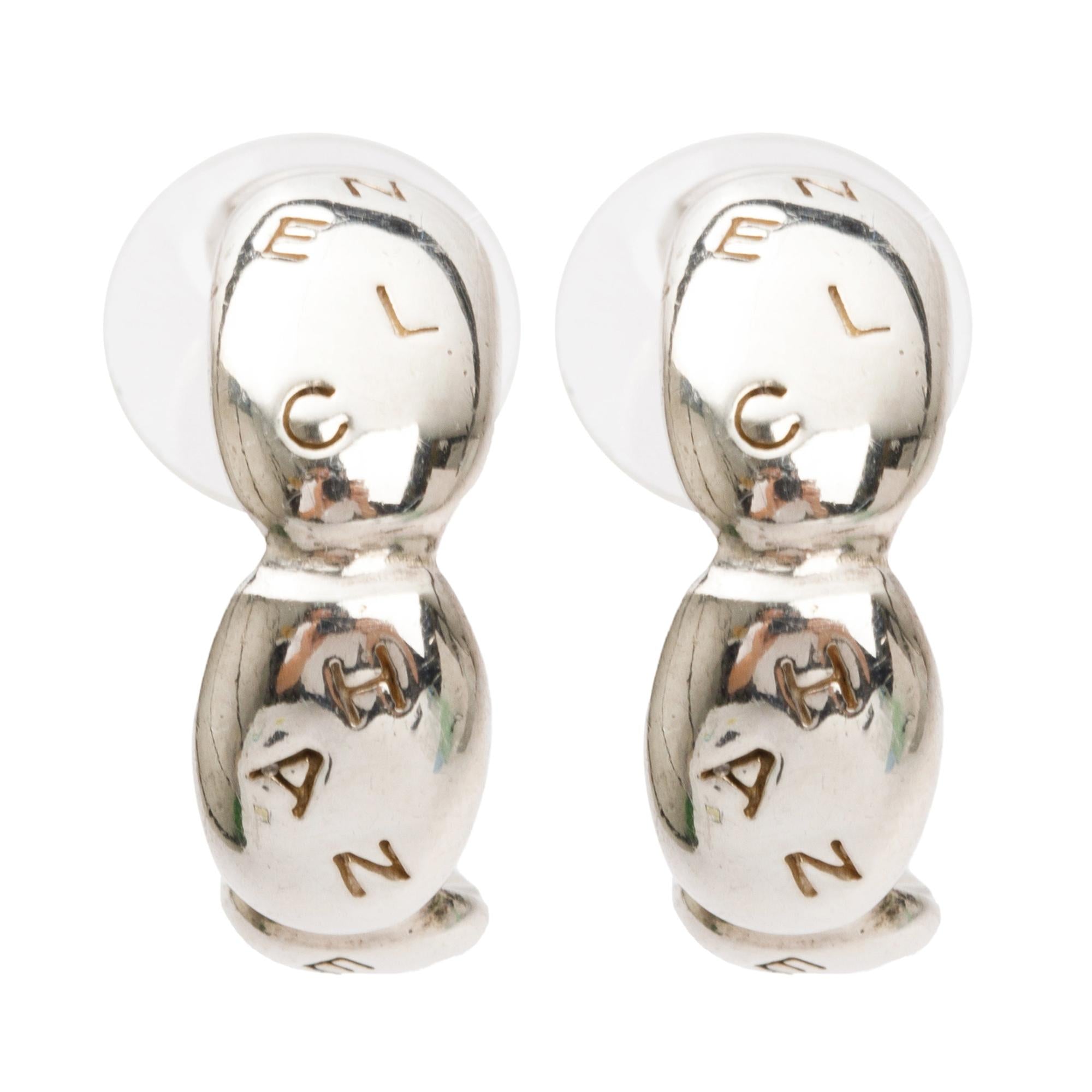 Chanel Sterling Silver Logo Engraved Hoop Earrings w/ Box