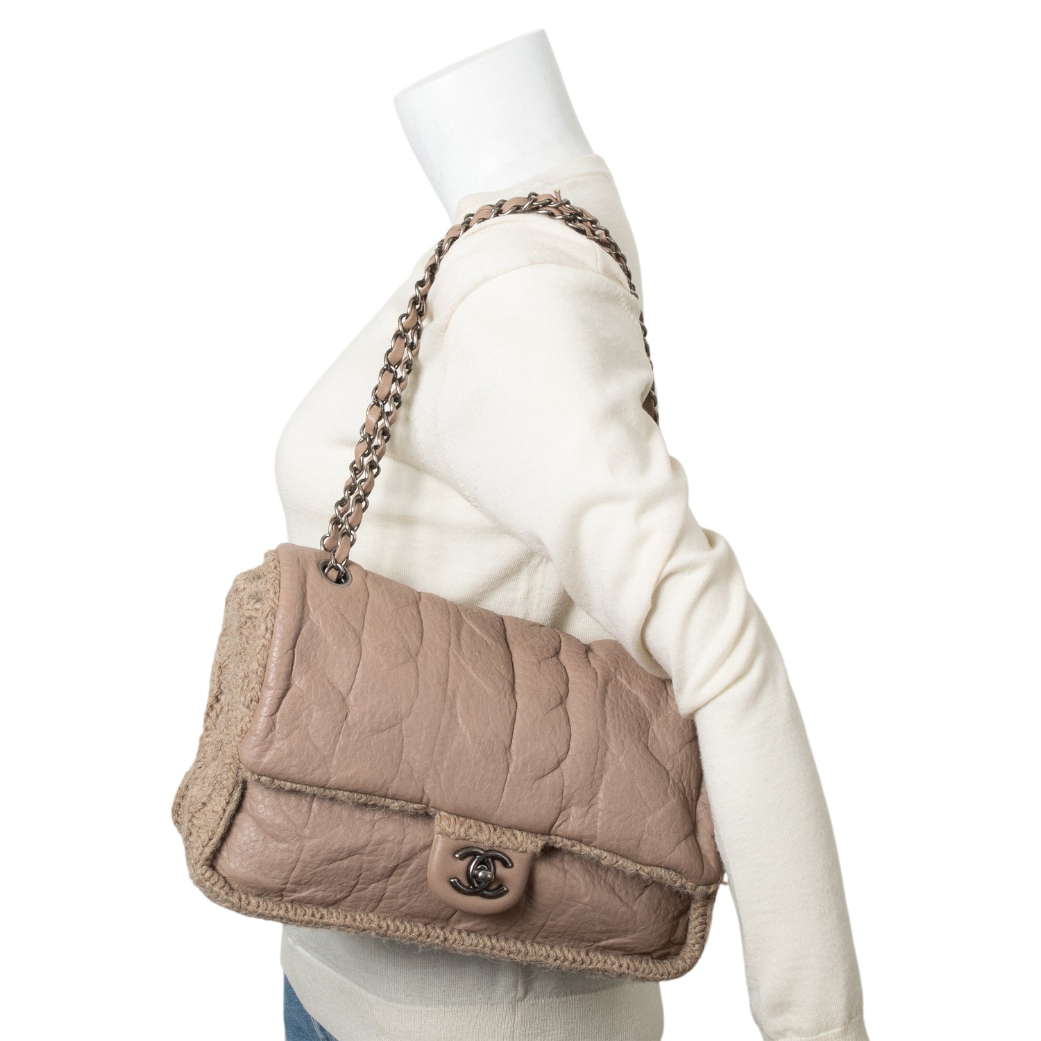 Chanel Taupe Sheepskin & Wool Small Chic Knit Flap Bag w/ Authenticity Card