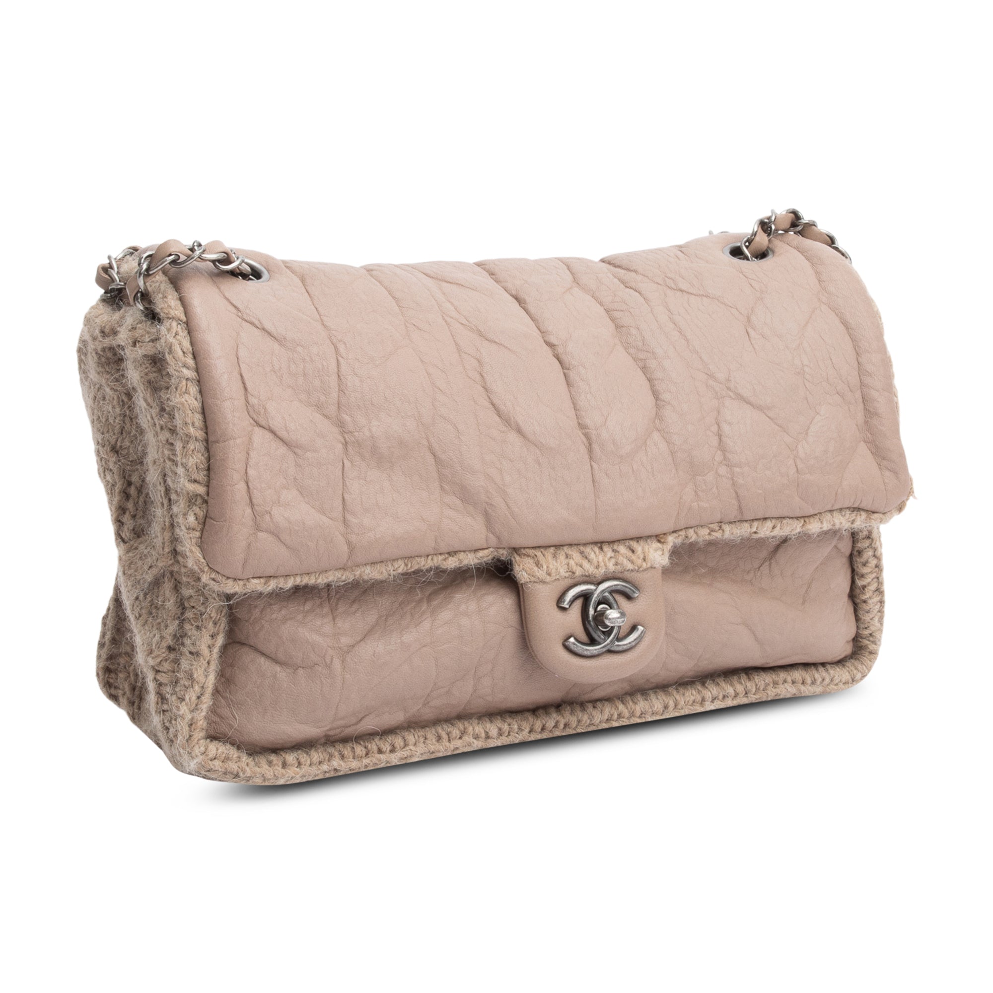 Chanel Taupe Sheepskin & Wool Small Chic Knit Flap Bag w/ Authenticity Card