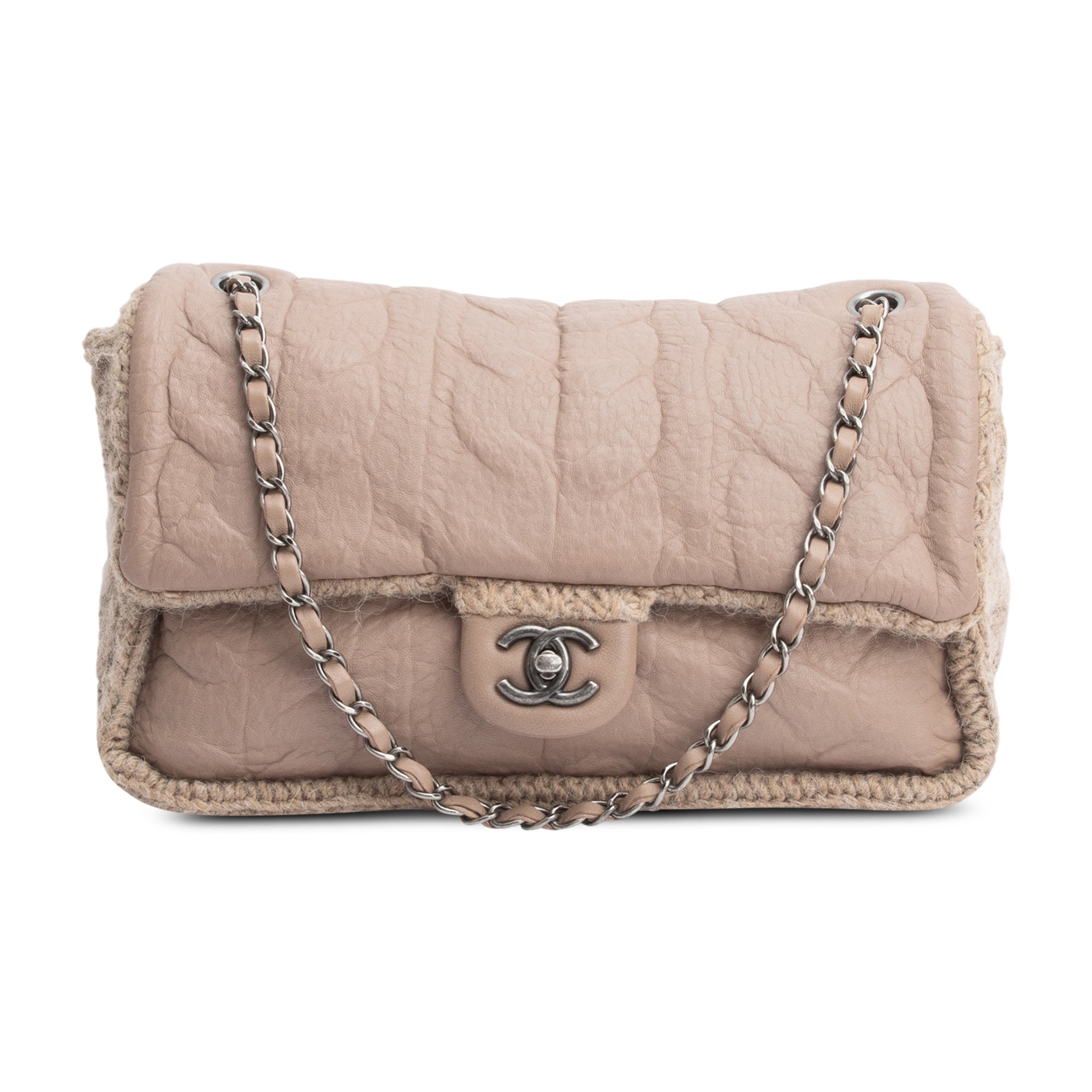 Chanel Taupe Sheepskin & Wool Small Chic Knit Flap Bag w/ Authenticity Card