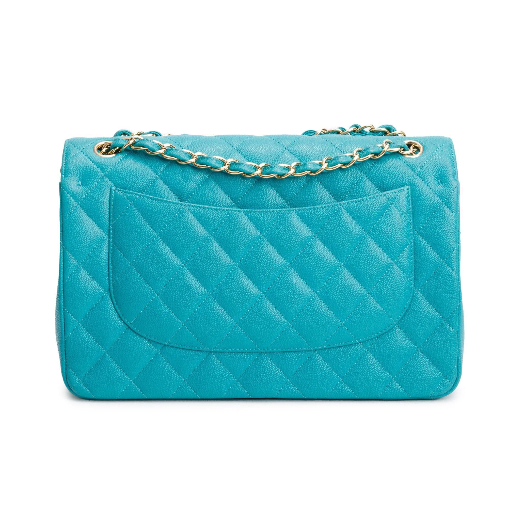 Chanel Turquoise Caviar Leather Classic Jumbo Double Flap Bag w/ Box
