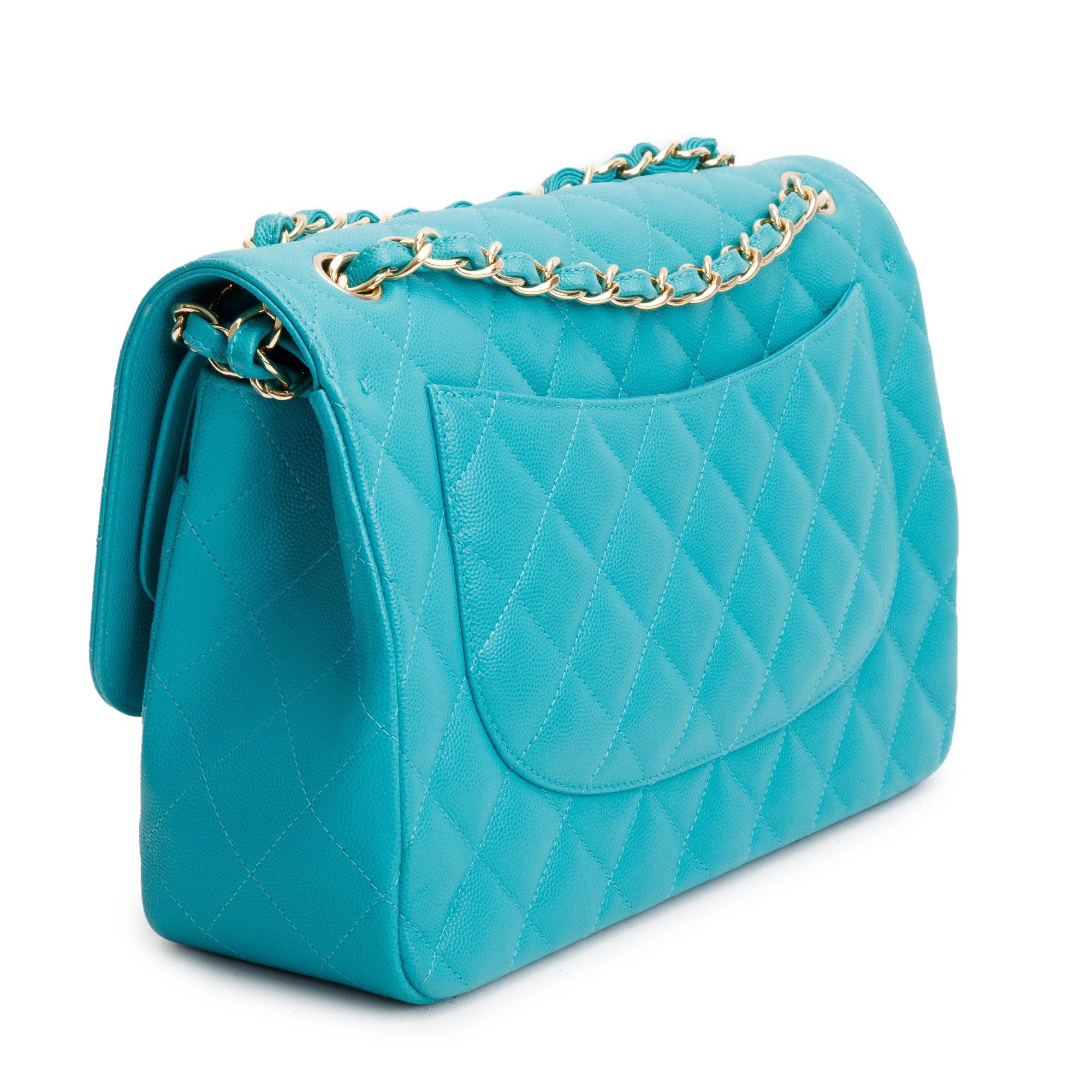 Chanel Turquoise Caviar Leather Classic Jumbo Double Flap Bag w/ Box