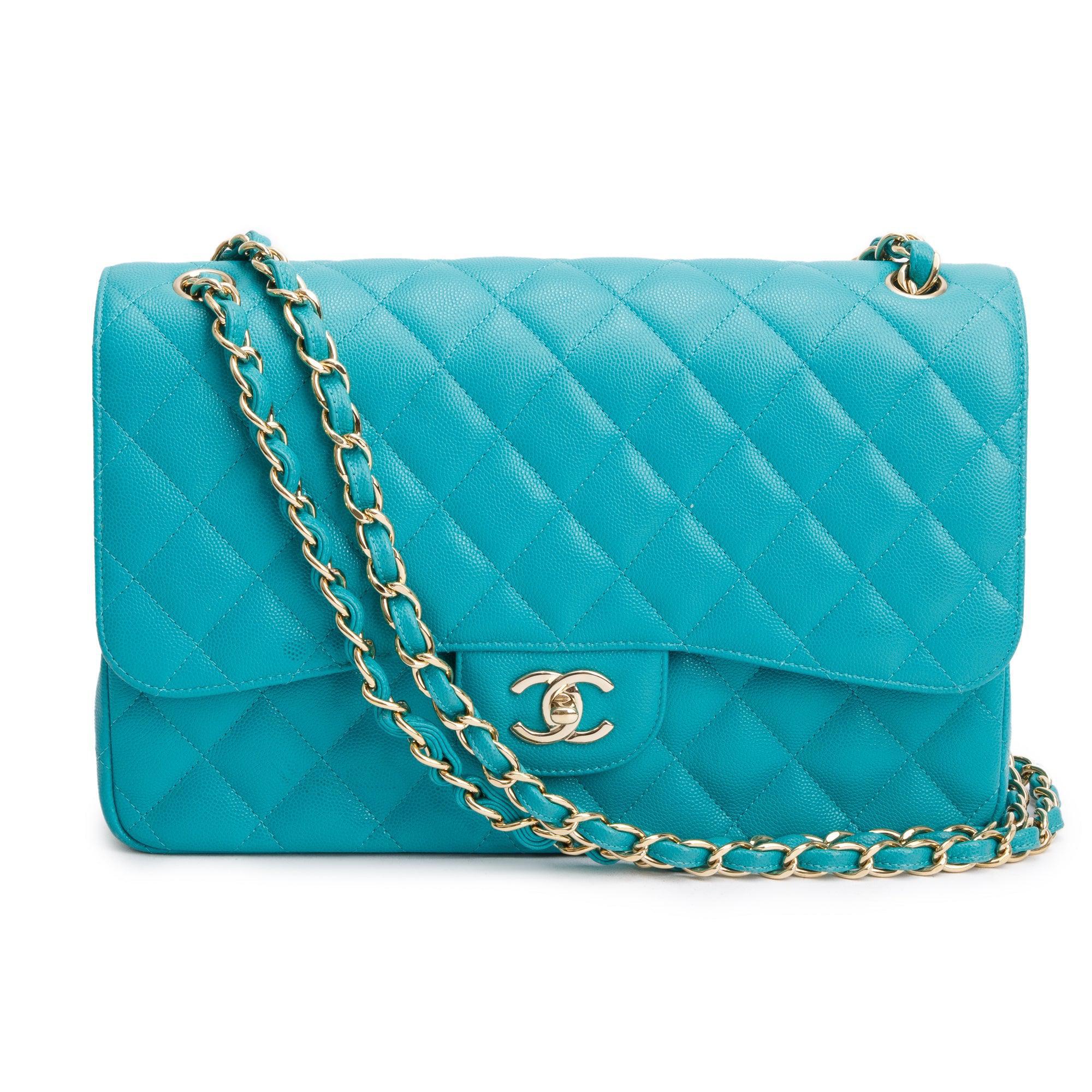 Chanel Turquoise Caviar Leather Classic Jumbo Double Flap Bag w/ Box