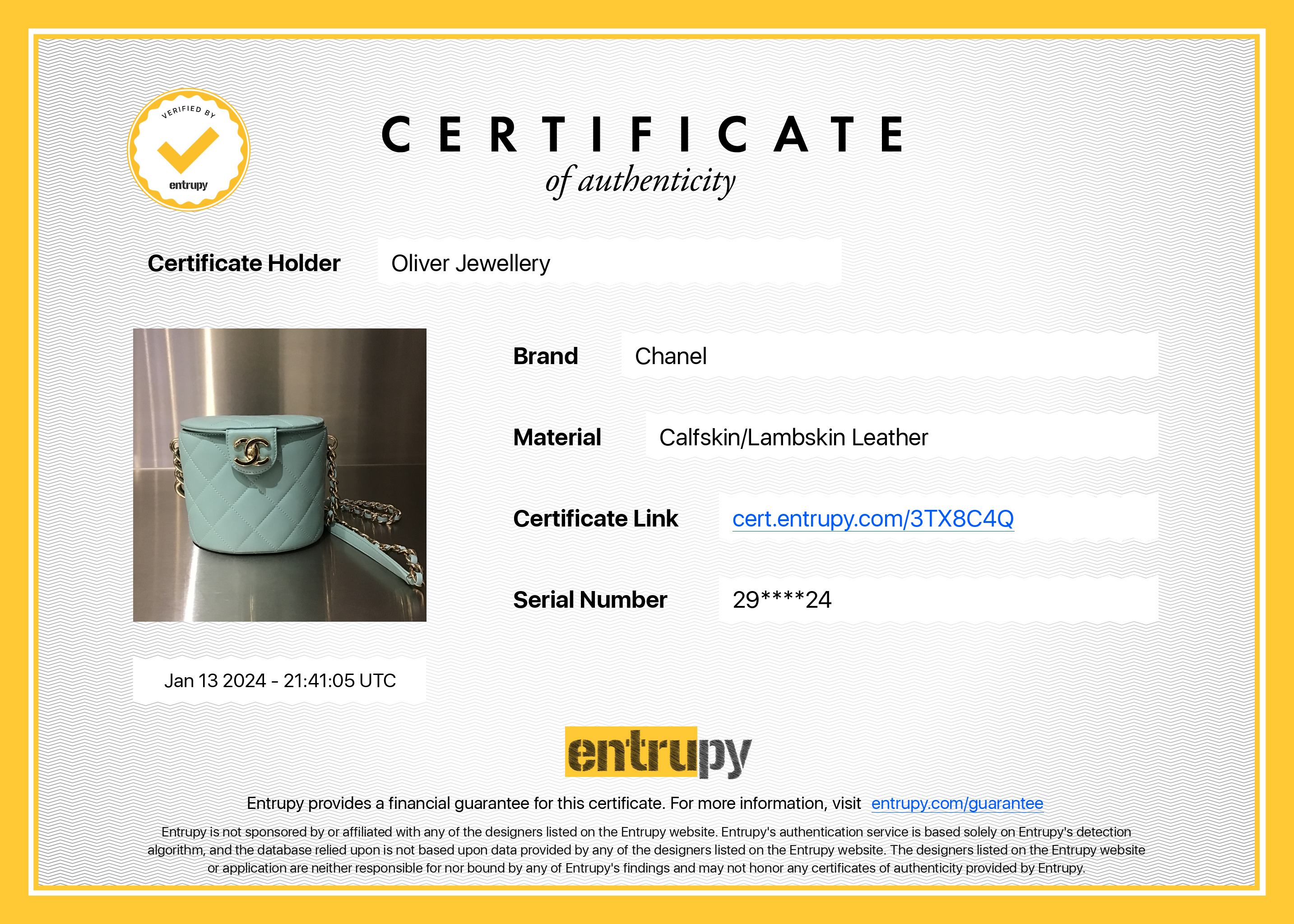 Chanel Turquoise Lambskin Leather Vanity Case on Chain w/ Box & Authenticity Card