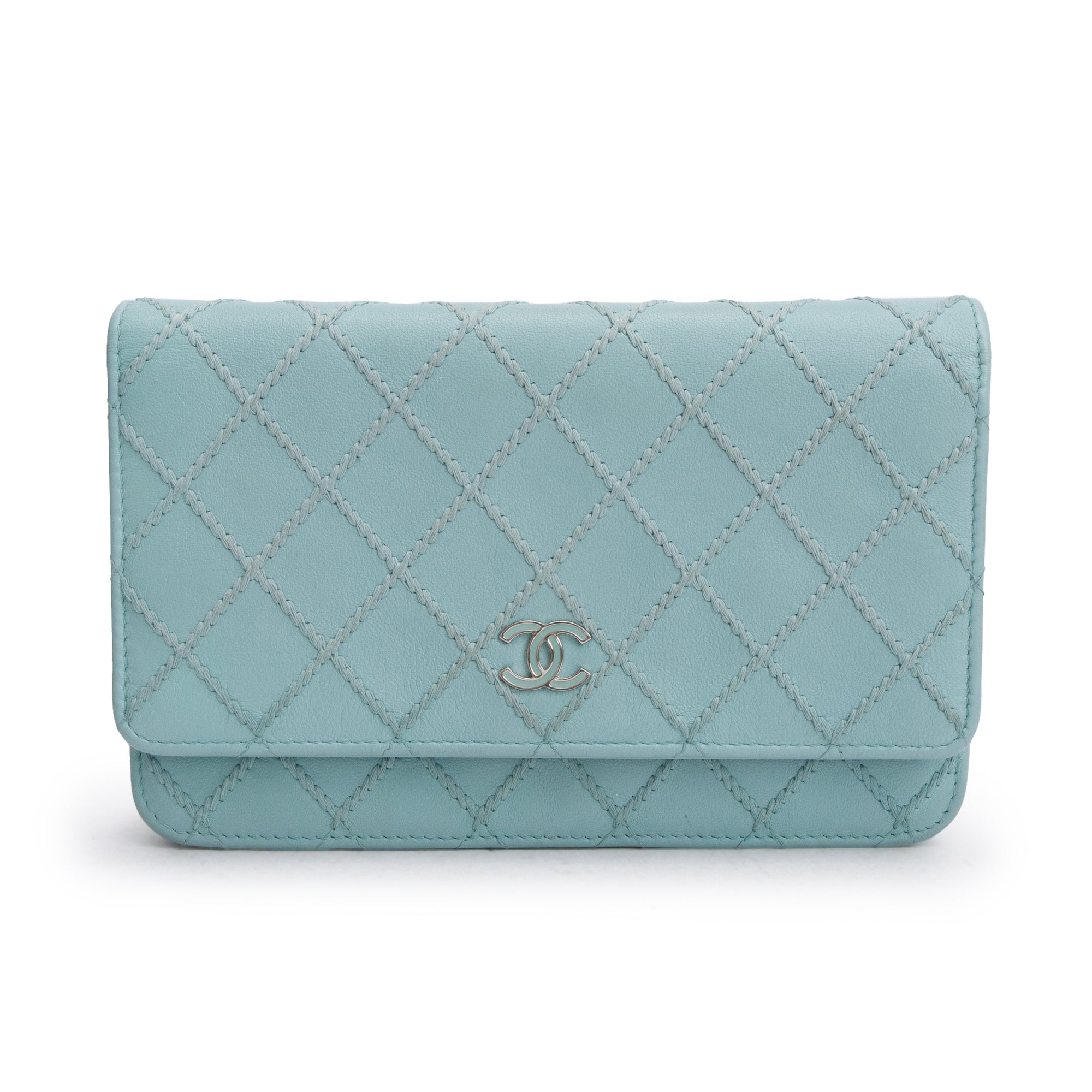 Chanel Turquoise Quilted Calfskin Leather Diamond Stitch Wallet on Chain w/ Authenticity Card