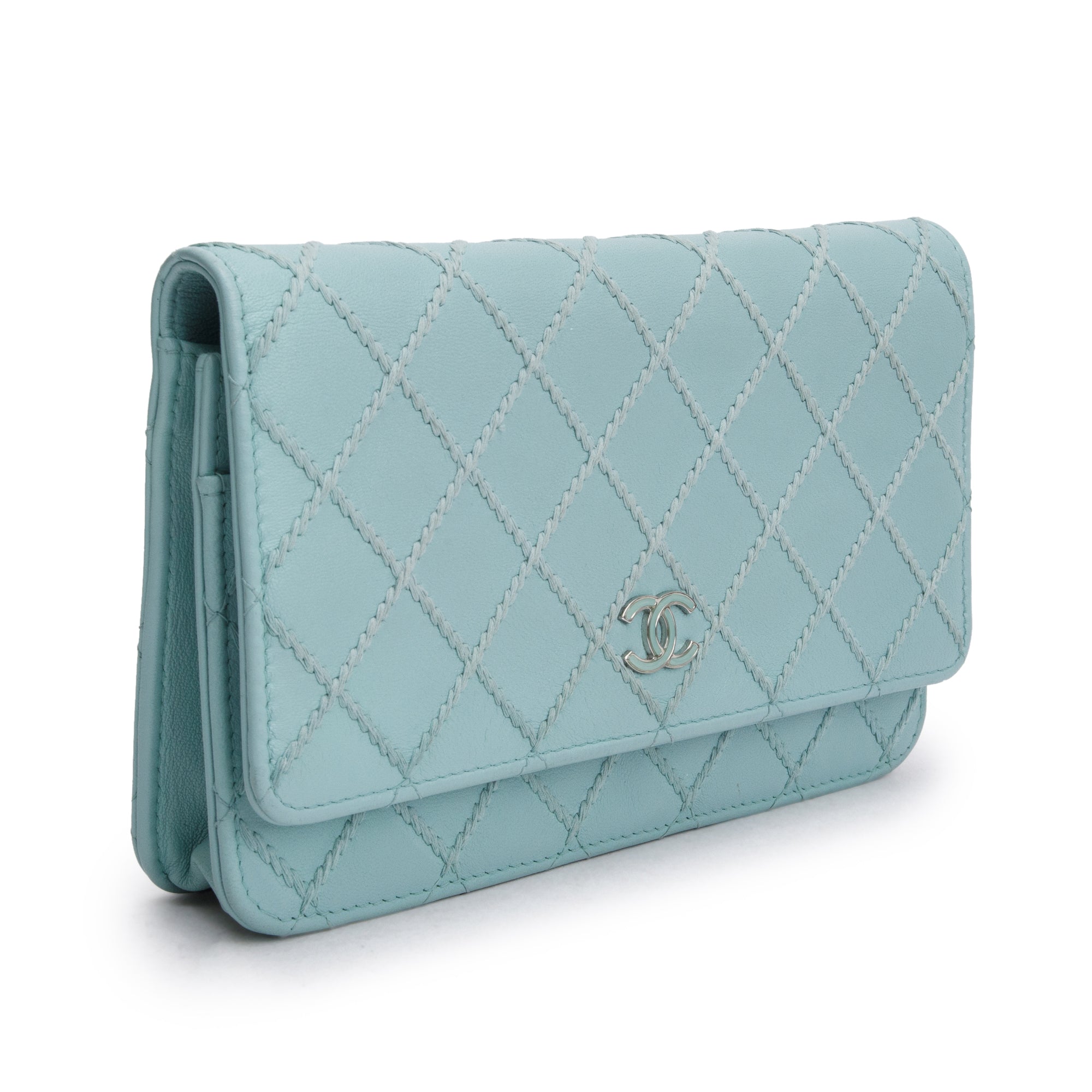Chanel Turquoise Quilted Calfskin Leather Diamond Stitch Wallet on Chain w/ Authenticity Card