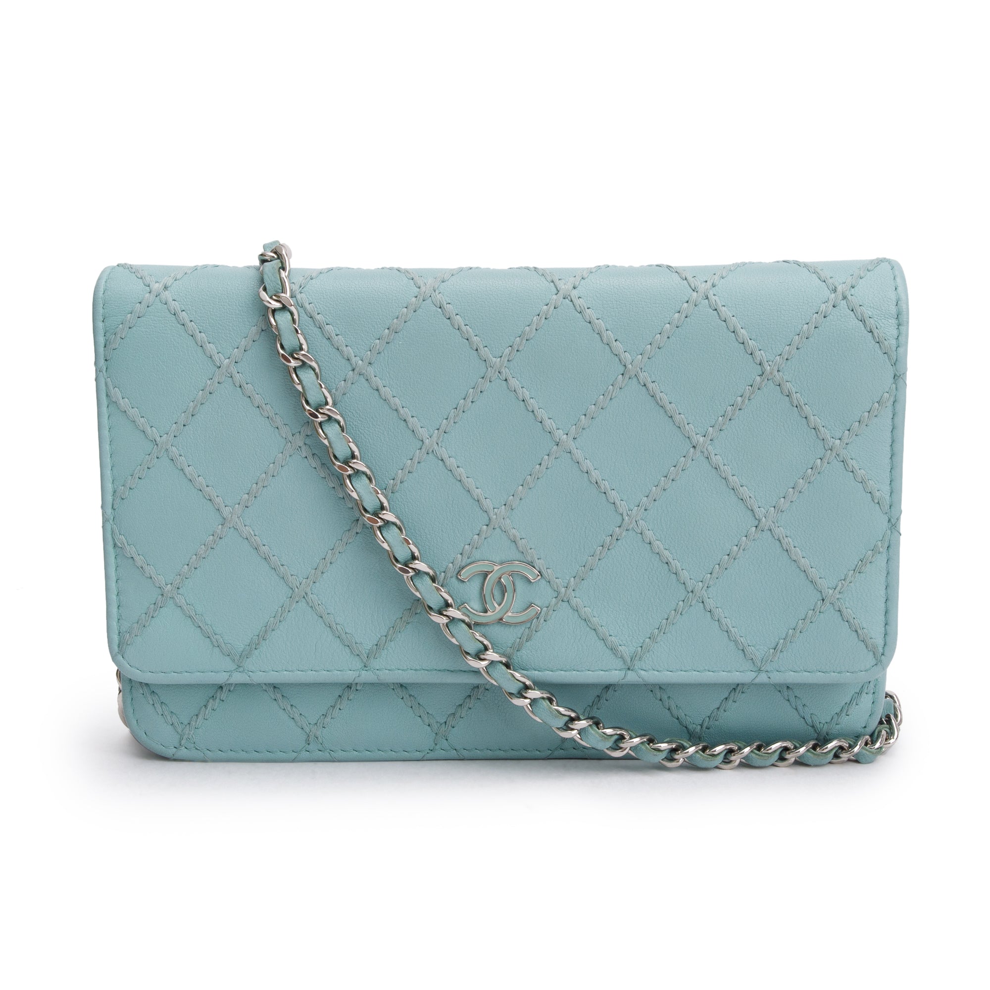 Chanel Turquoise Quilted Calfskin Leather Diamond Stitch Wallet on Chain w/ Authenticity Card