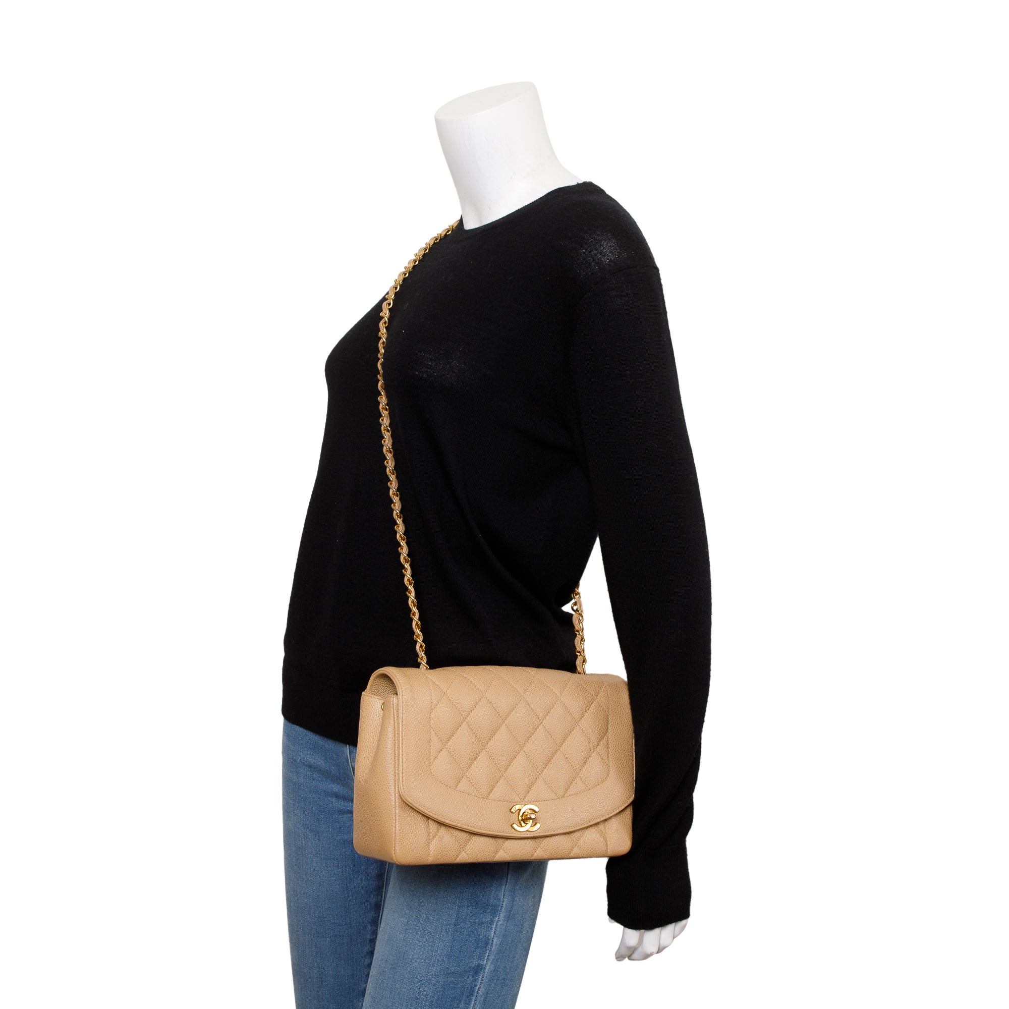 Chanel Vintage Beige Caviar Leather Medium Diana Flap Bag w/ Box