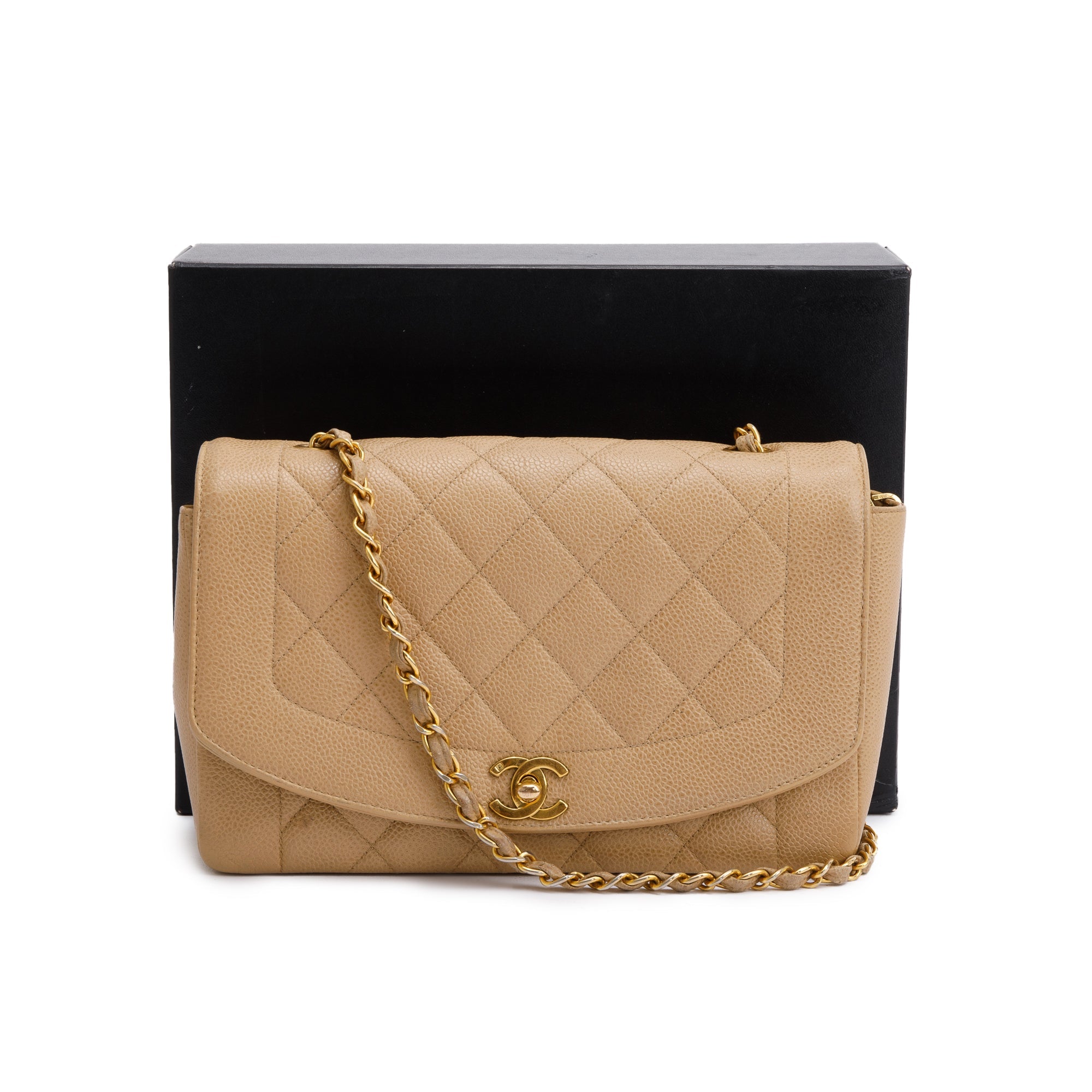 Chanel Vintage Beige Caviar Leather Medium Diana Flap Bag w/ Box