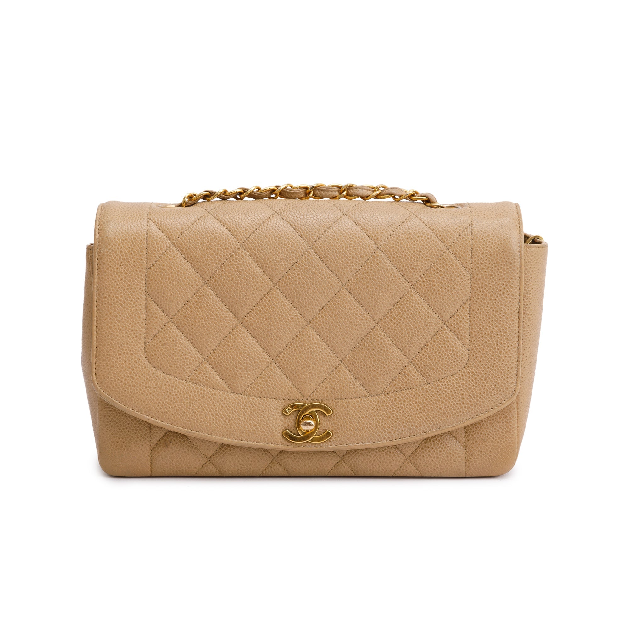 Chanel Vintage Beige Caviar Leather Medium Diana Flap Bag w/ Box