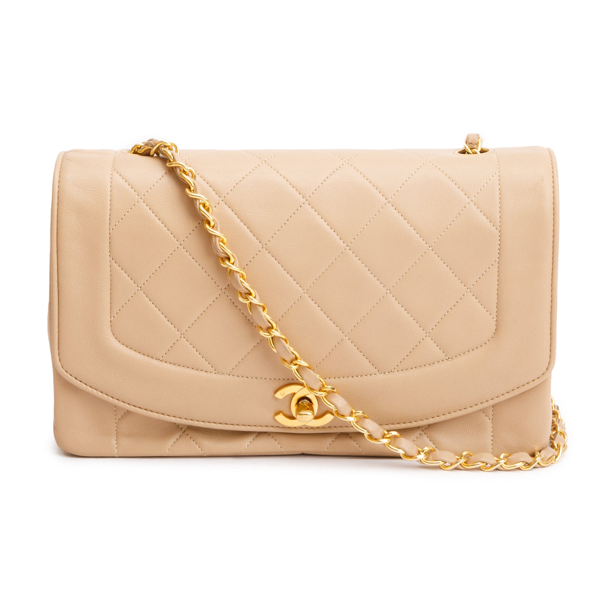 Chanel Vintage Beige Lambskin Leather Medium Diana Flap Bag w/ Box