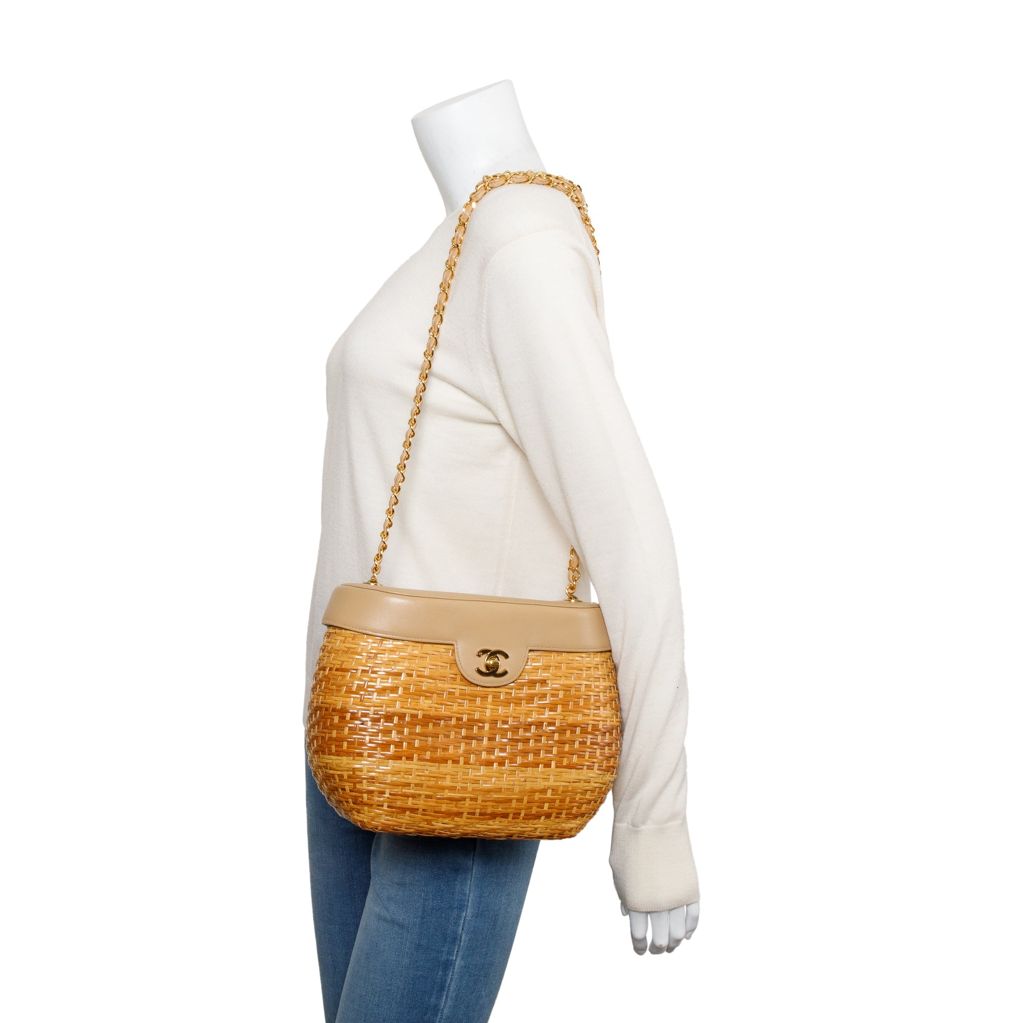 Chanel Vintage Beige Lambskin Leather Wicker Basket Bag w/ Authenticity Card