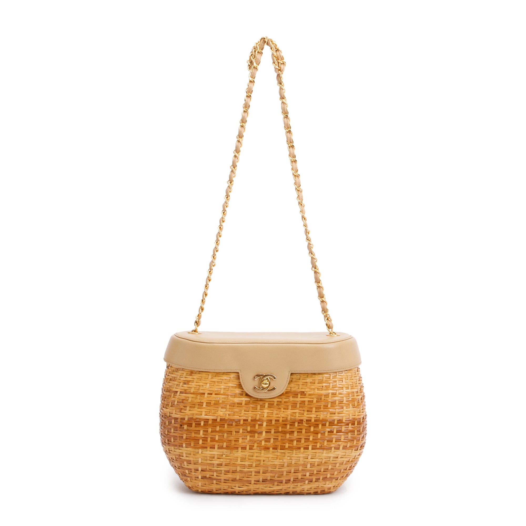 Chanel Vintage Beige Lambskin Leather Wicker Basket Bag w/ Authenticity Card