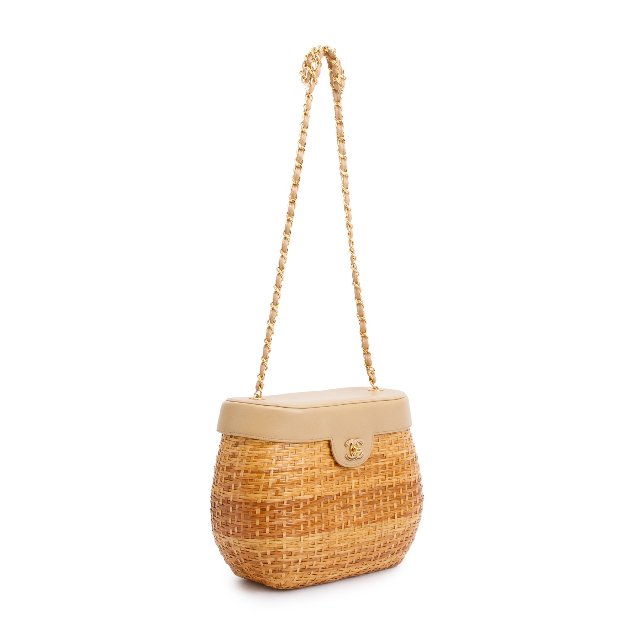 Chanel Vintage Beige Lambskin Leather Wicker Basket Bag w/ Authenticity Card