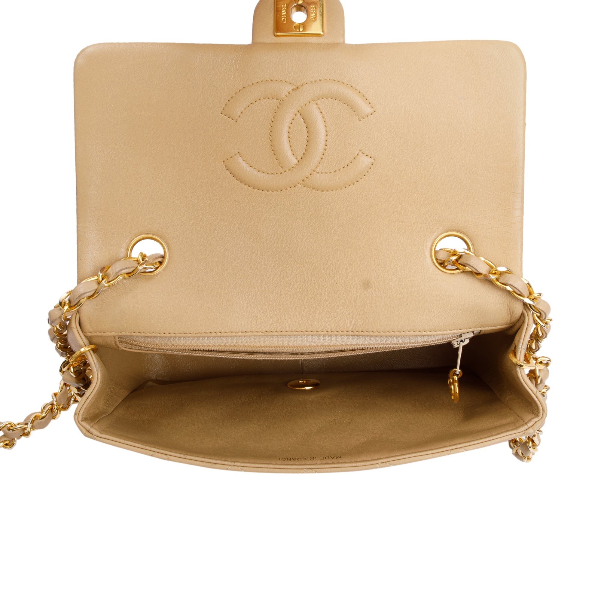Chanel Vintage Beige Leather Small Square Single Flap Bag w/ Authenticity Card