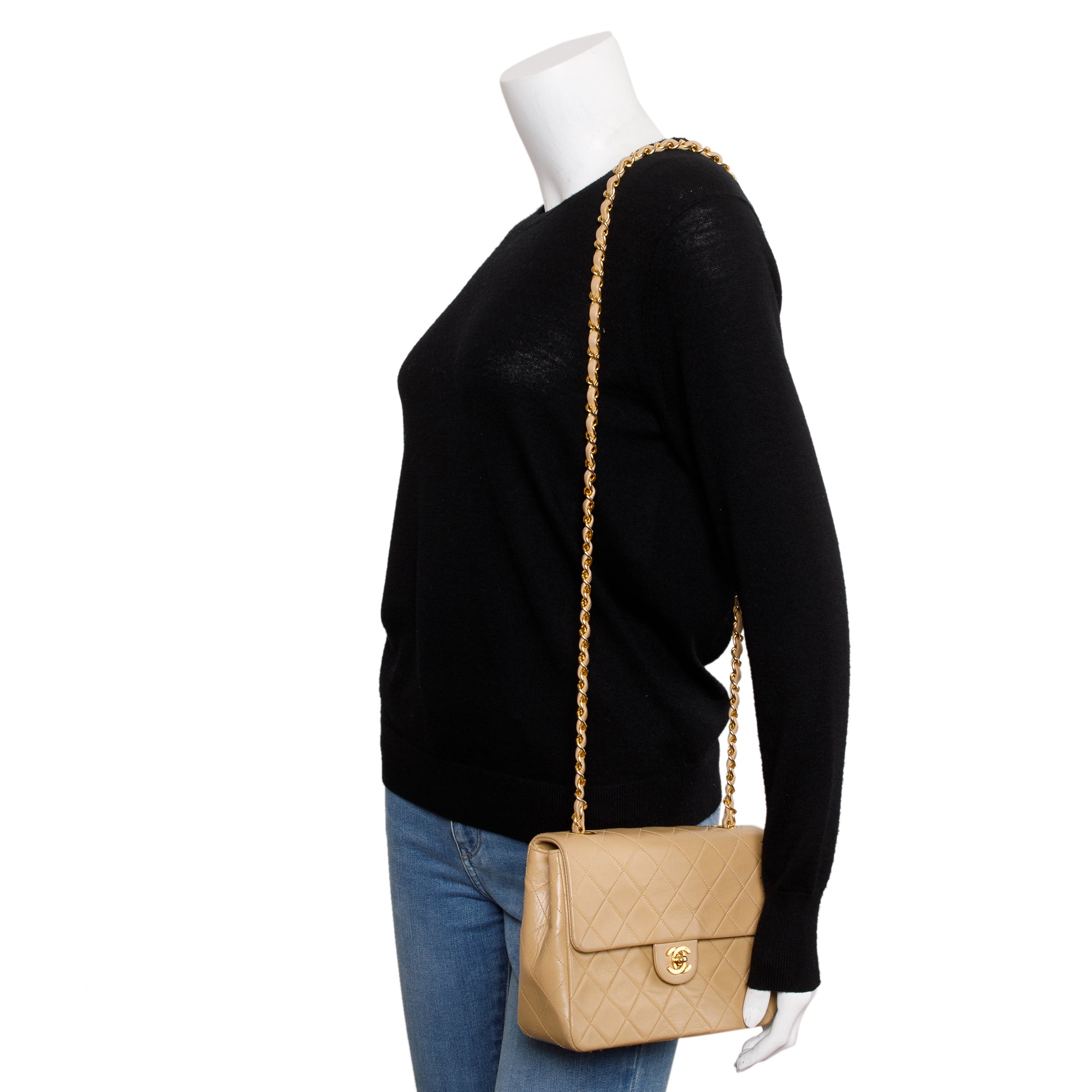 Chanel Vintage Beige Leather Small Square Single Flap Bag w/ Authenticity Card