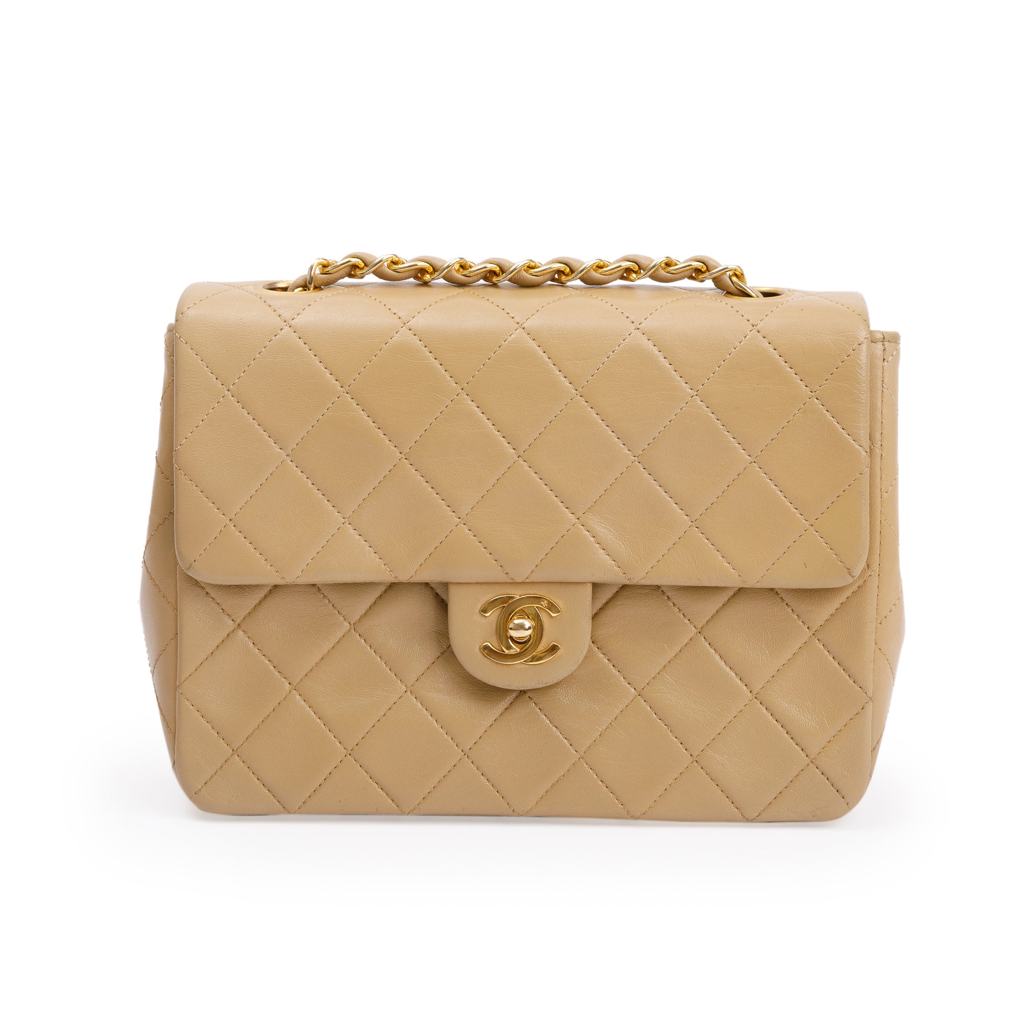 Chanel Vintage Beige Leather Small Square Single Flap Bag w/ Authenticity Card