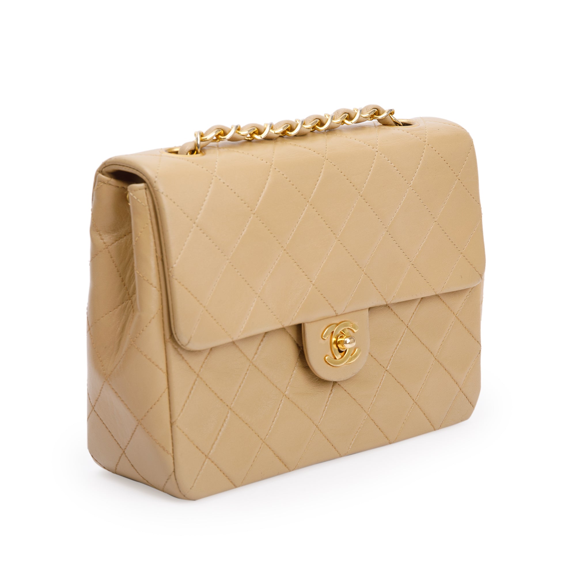 Chanel Vintage Beige Leather Small Square Single Flap Bag w/ Authenticity Card