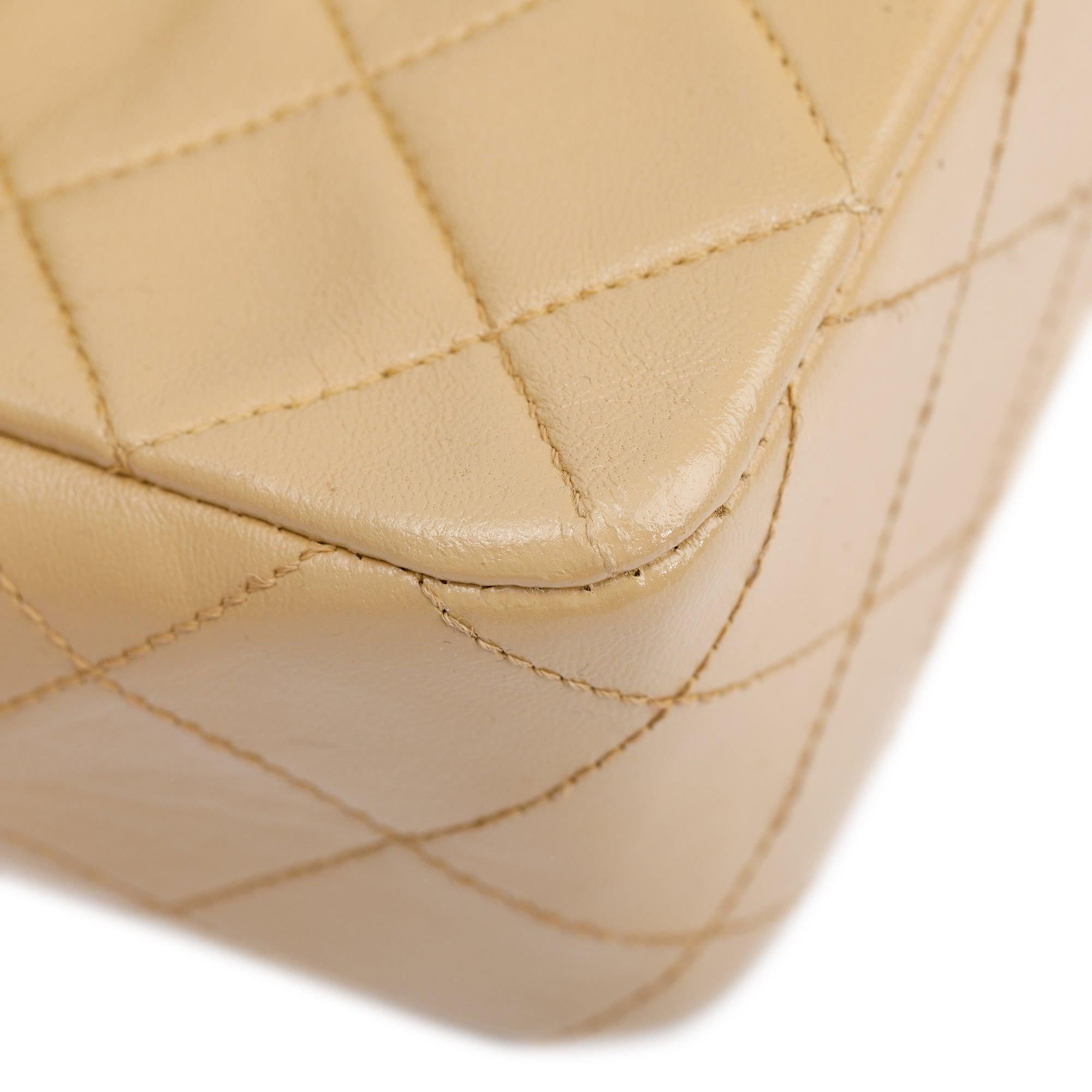 Chanel Vintage Beige Leather Small Square Single Flap Bag w/ Authenticity Card