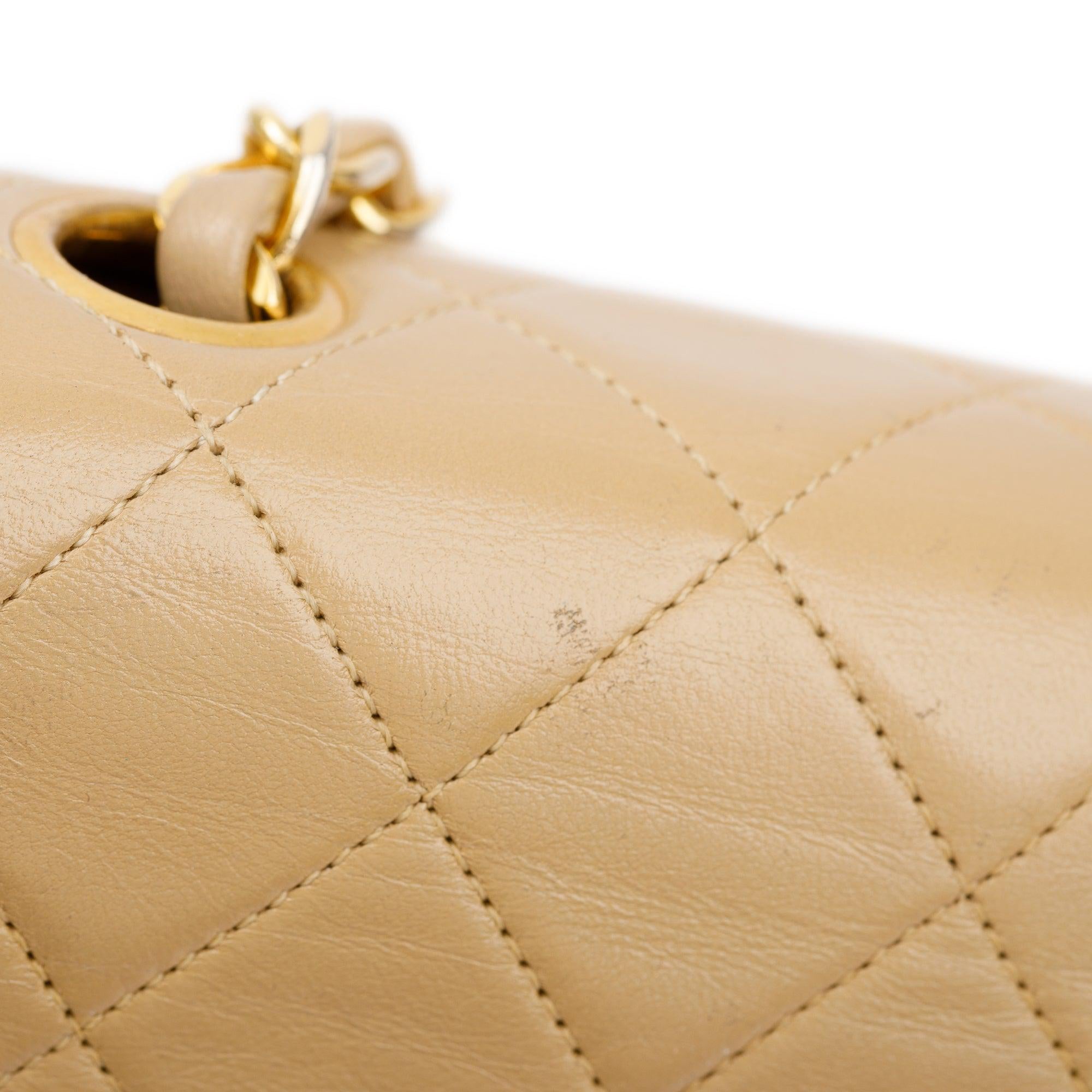 Chanel Vintage Beige Leather Small Square Single Flap Bag w/ Authenticity Card