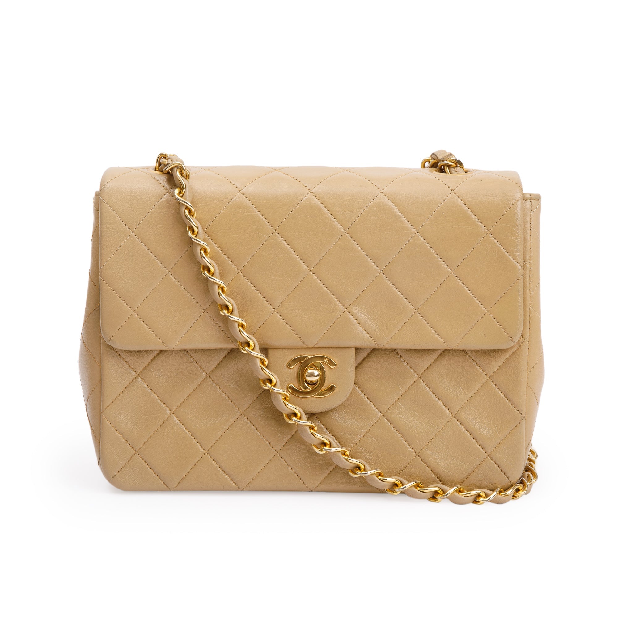 Chanel Vintage Beige Leather Small Square Single Flap Bag w/ Authenticity Card