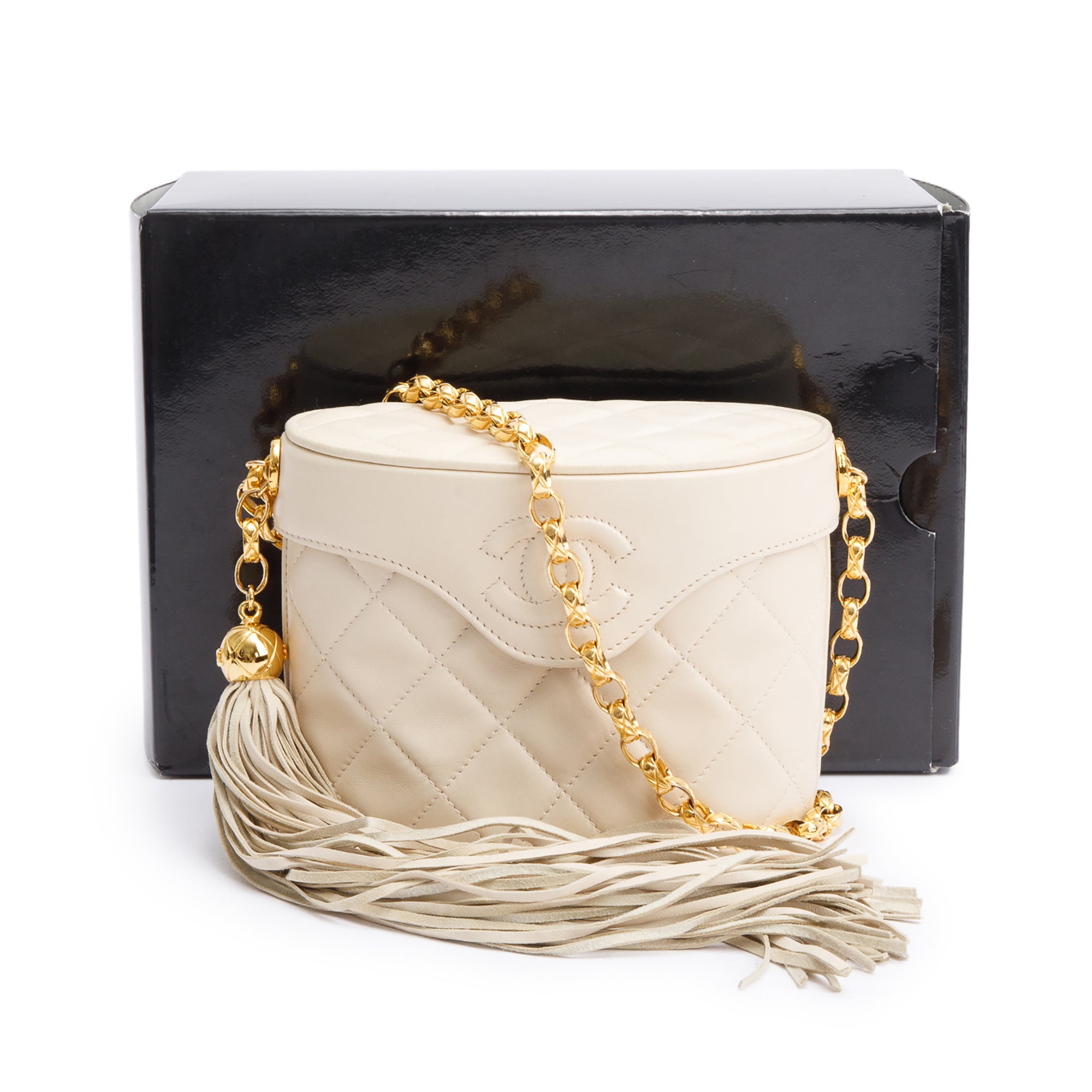Chanel Vintage Beige Quilted Lambskin Leather Tassel Vanity Case on Chain w/ Box & Authenticity Card