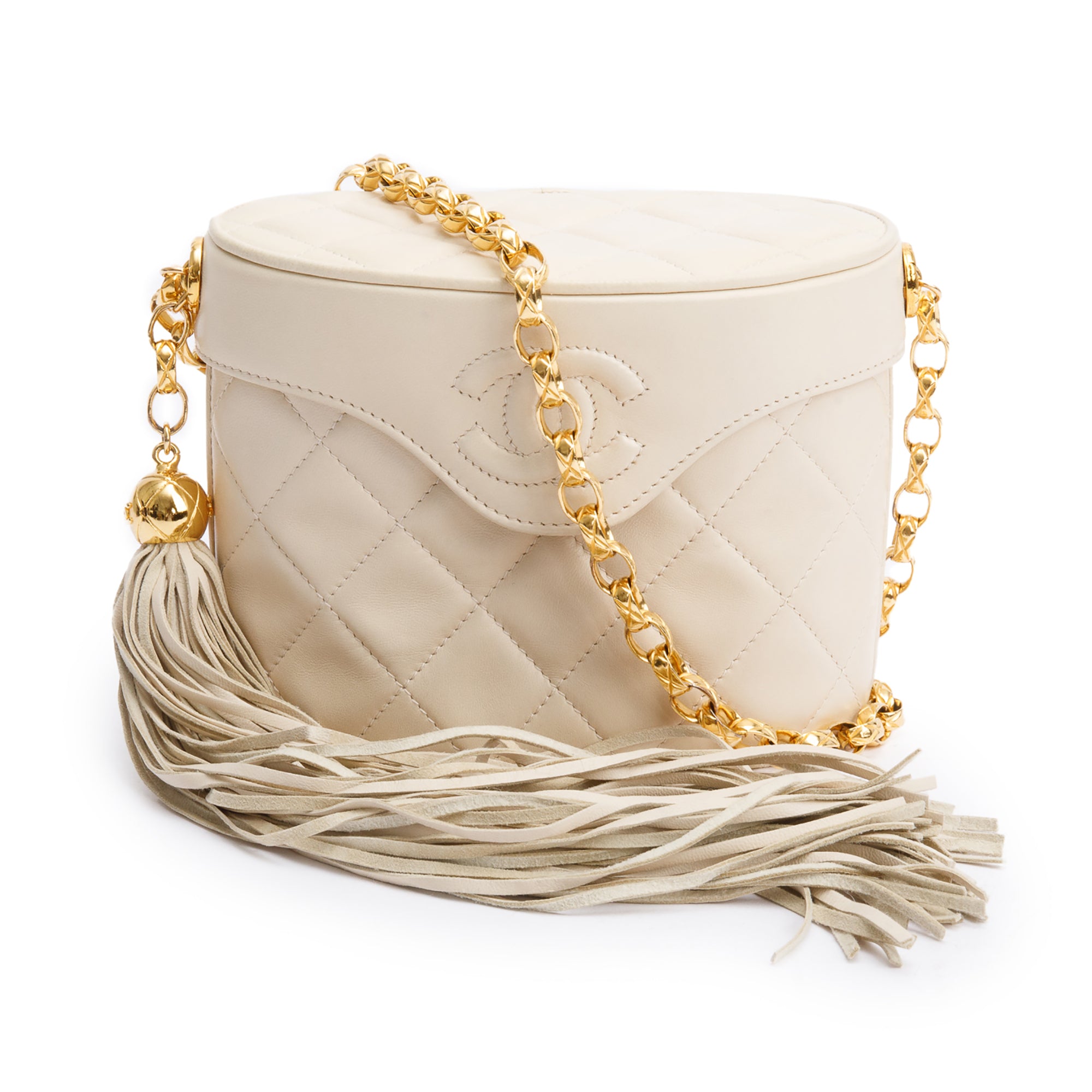 Chanel Vintage Beige Quilted Lambskin Leather Tassel Vanity Case on Chain w/ Box & Authenticity Card