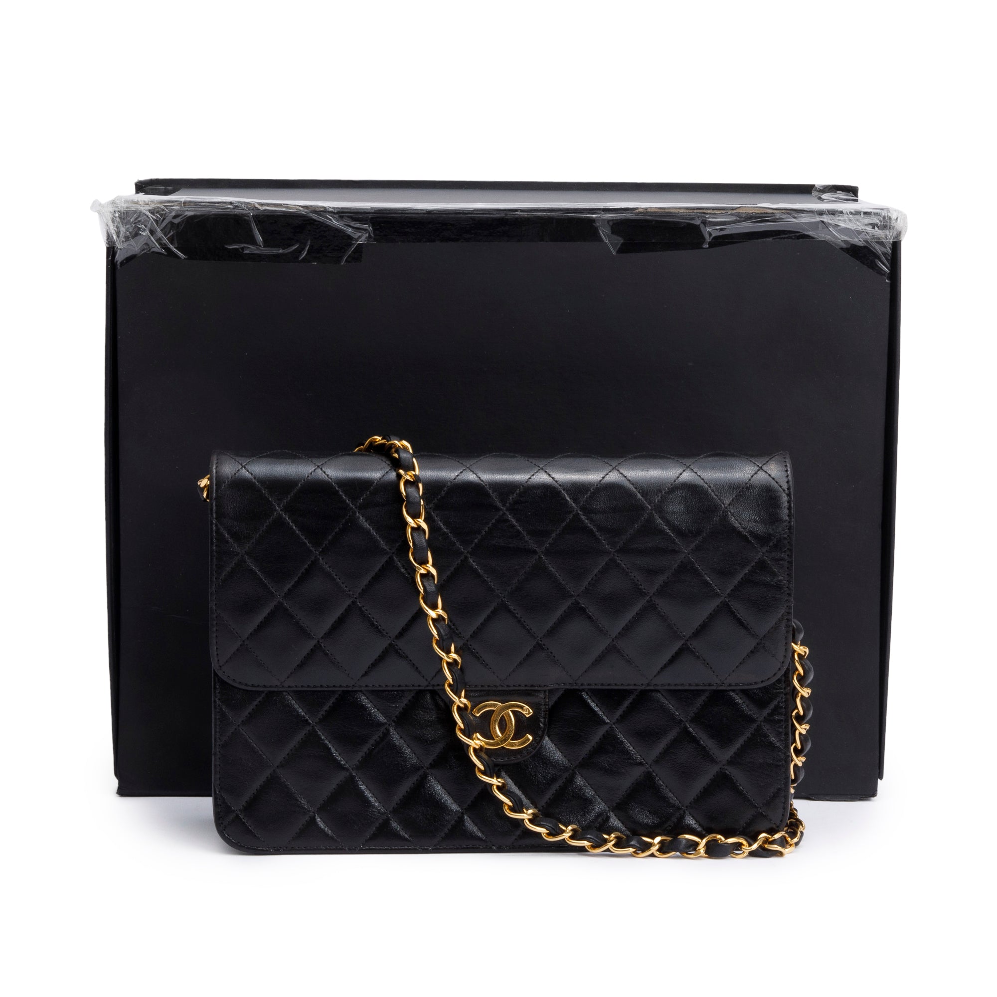 Chanel Vintage Black Calfskin Leather Medium Square CC Flap Bag w/ Box