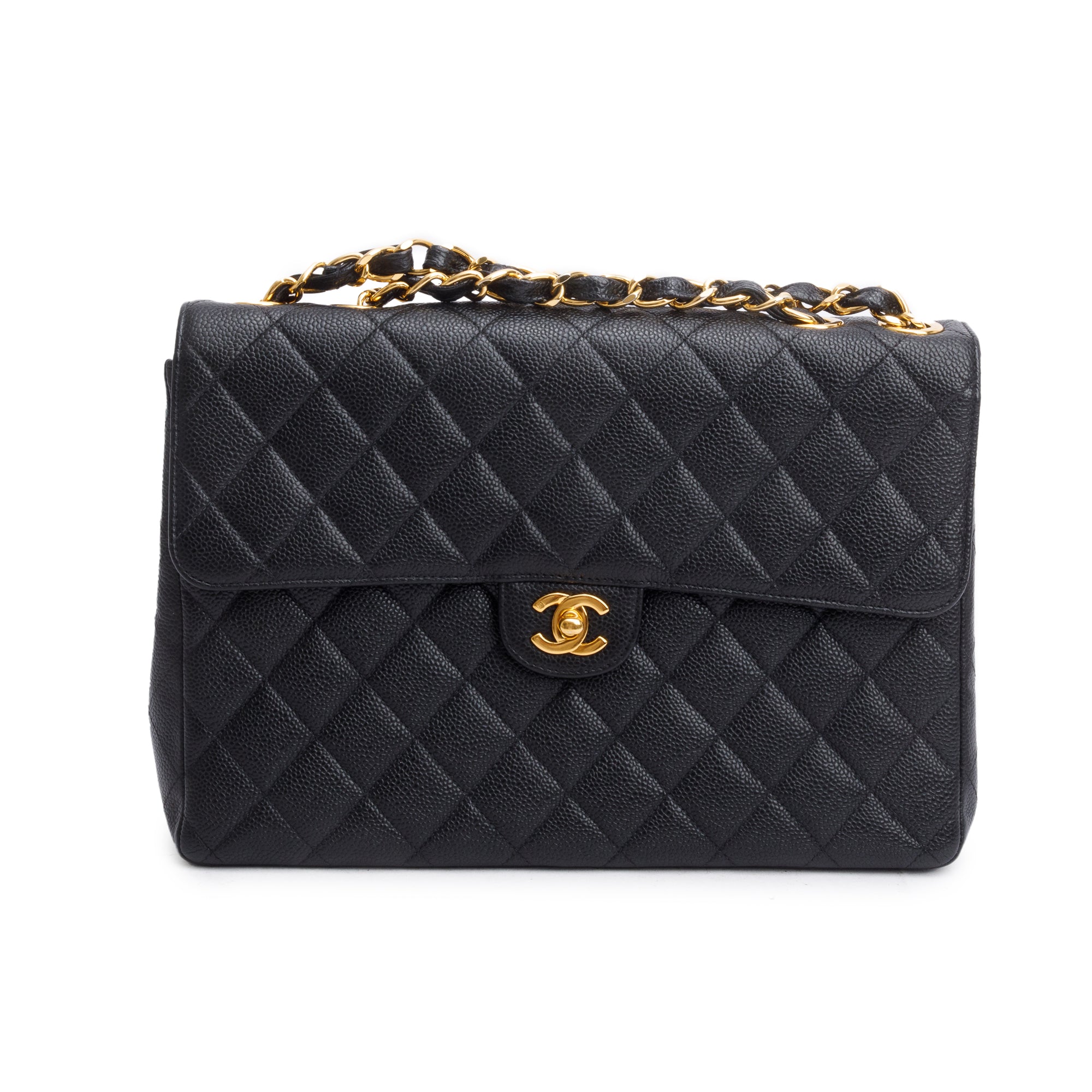 Chanel Vintage Black Caviar Square Classic Jumbo Single Flap Bag w/ Authenticity Card