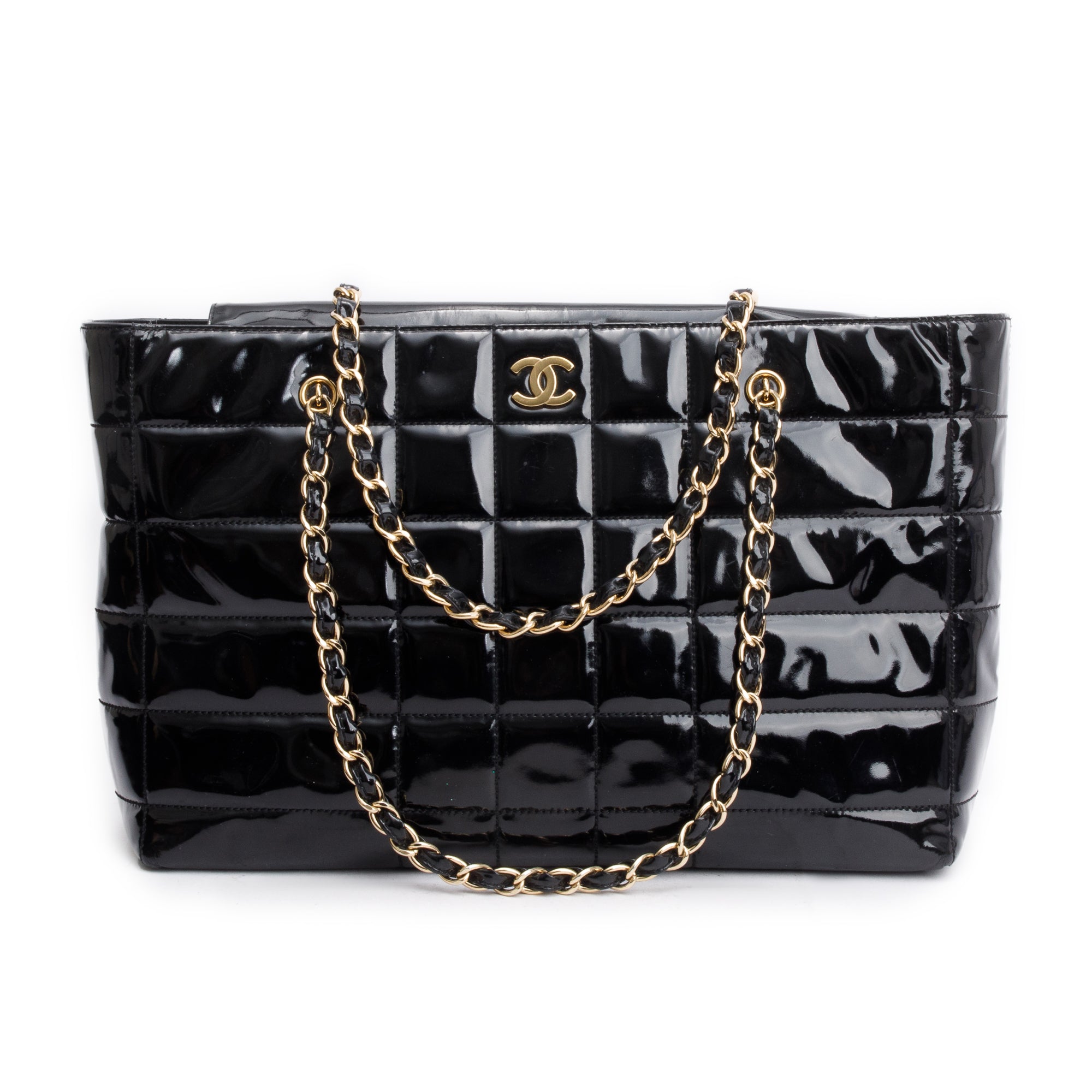 Chanel Vintage Black Chocolate Bar Quilted Patent Leather Tote