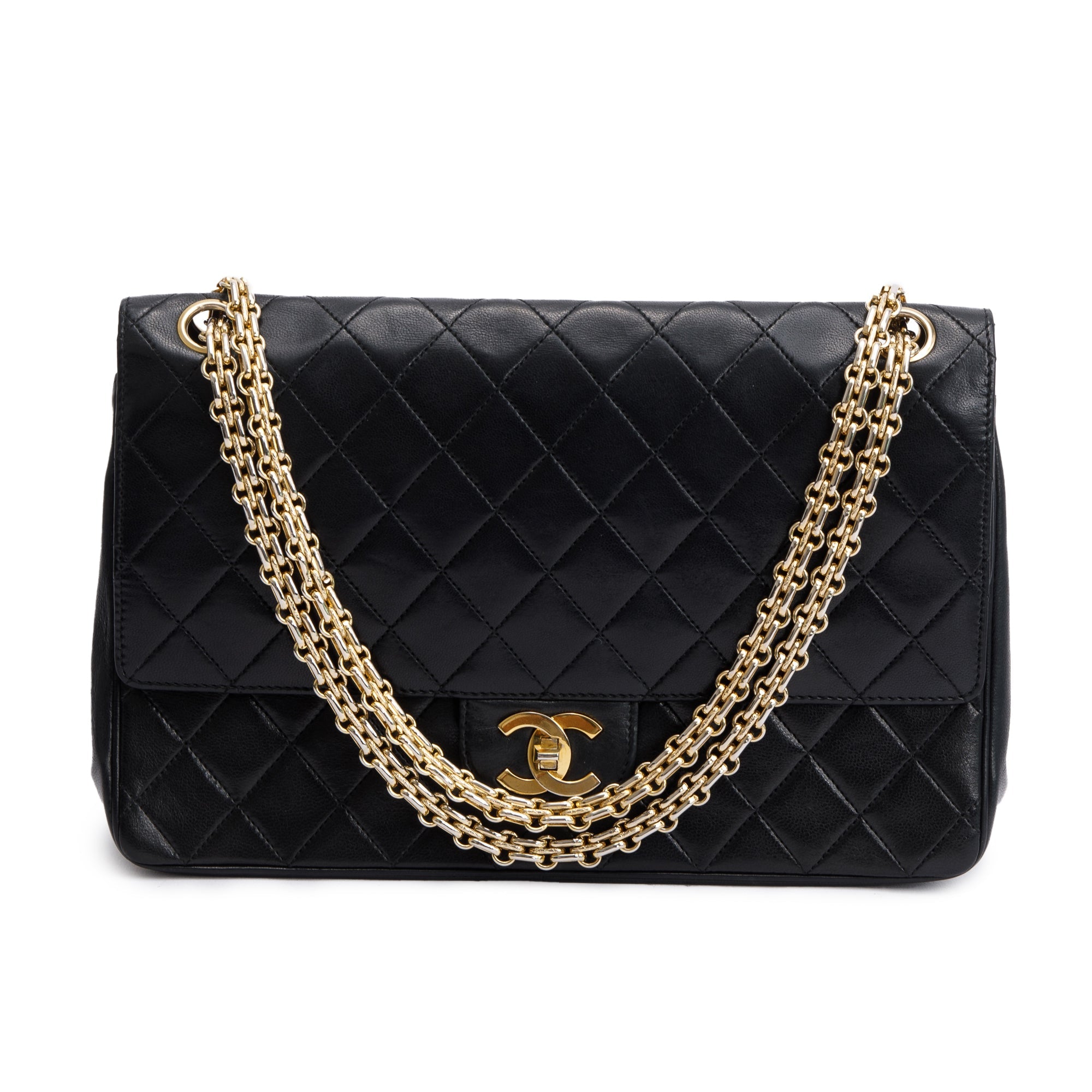 Chanel Vintage Black Lambskin Leather Bijoux Chain Medium Double Flap Bag