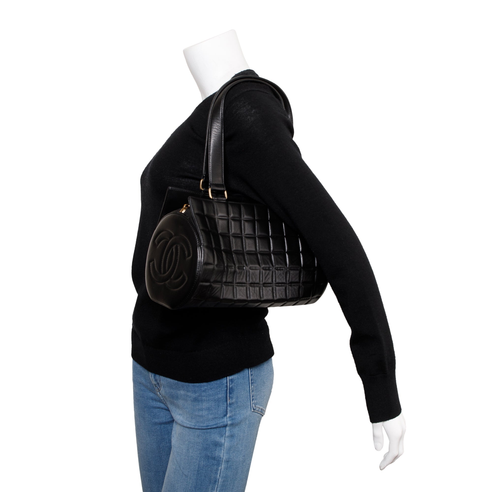 Chanel Vintage Black Lambskin Leather Chocolate Bar Barrel Bag