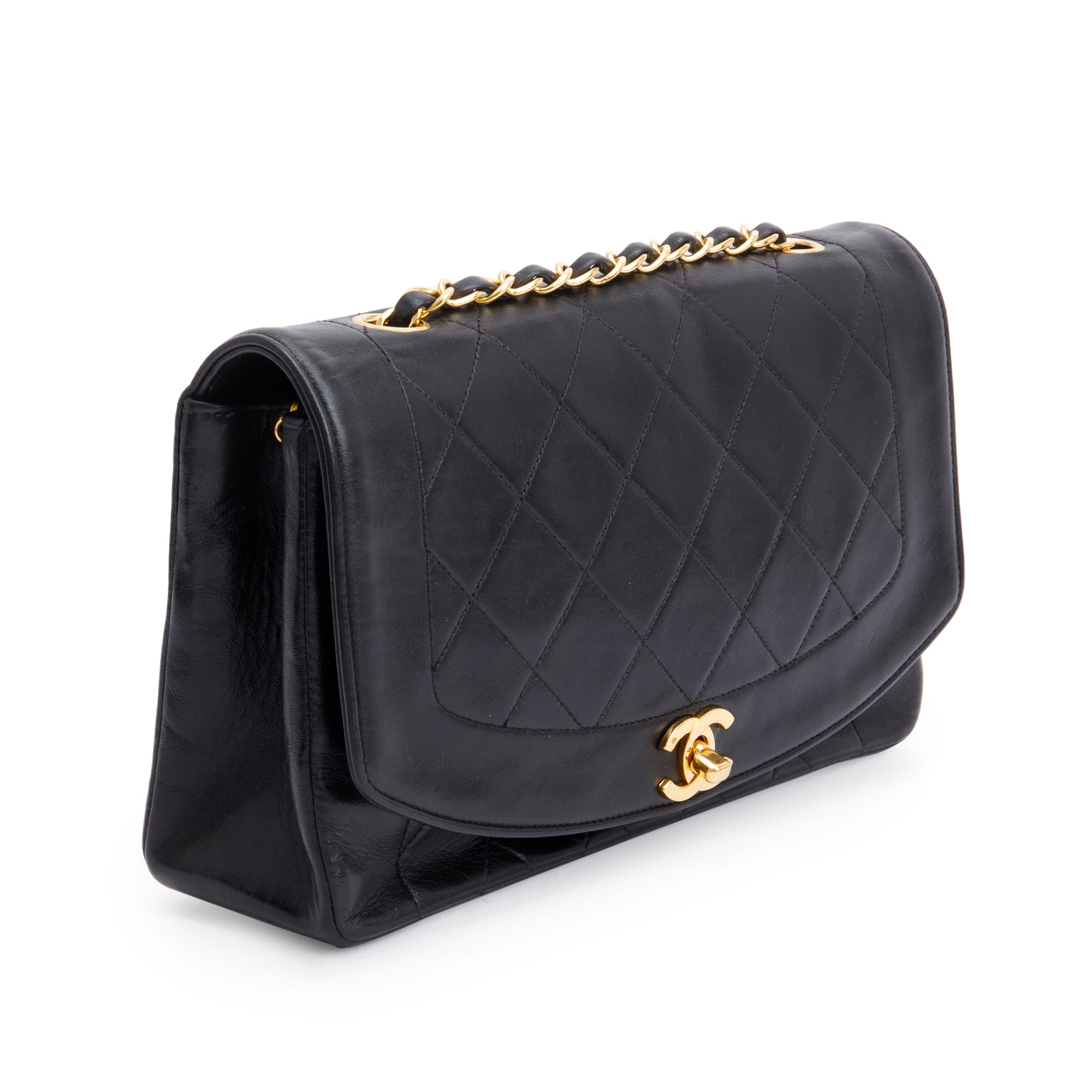 Chanel Vintage Black Lambskin Leather Medium Diana Flap Bag