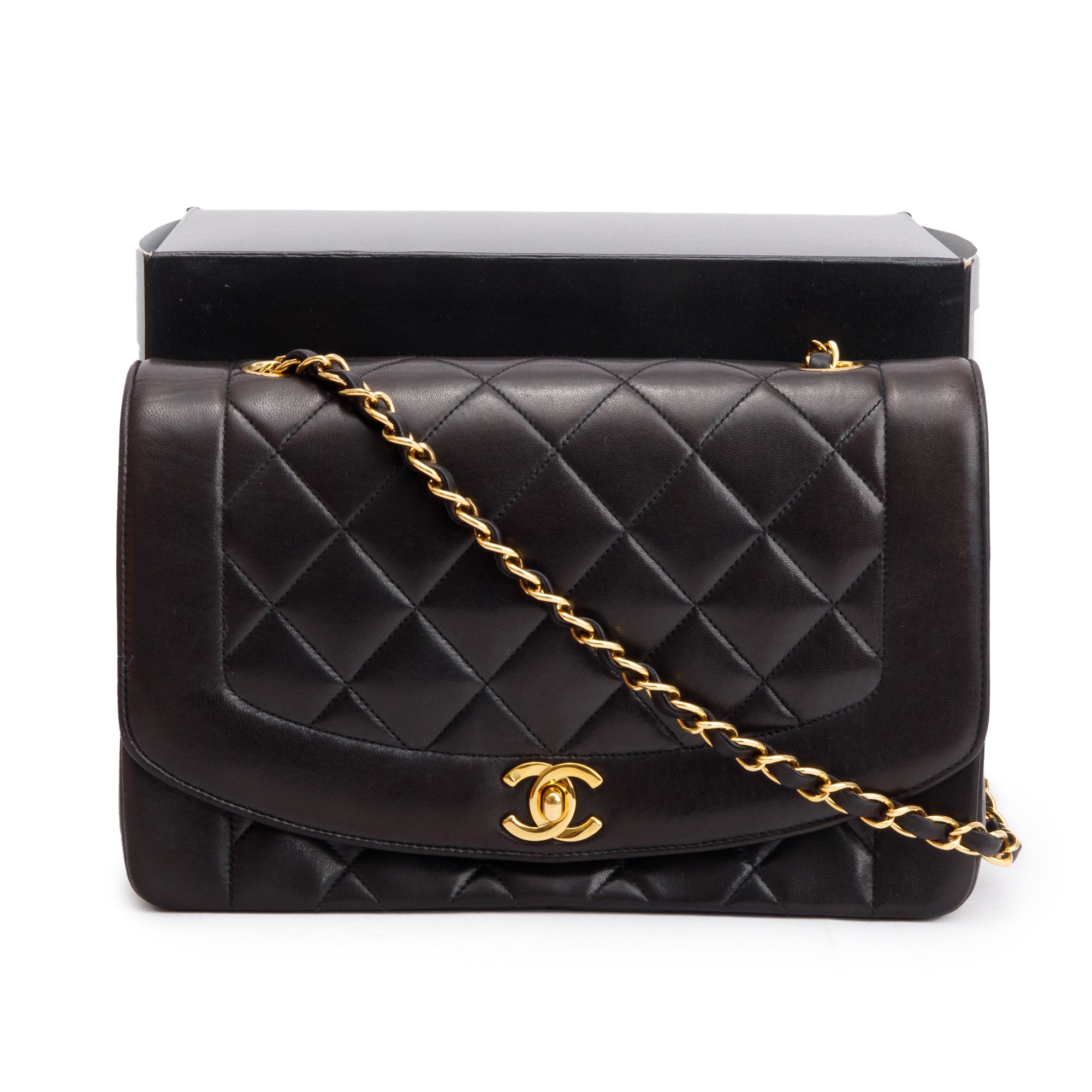 Chanel Vintage Black Lambskin Leather Medium Diana Flap Bag w/ Box & Authenticity Cart