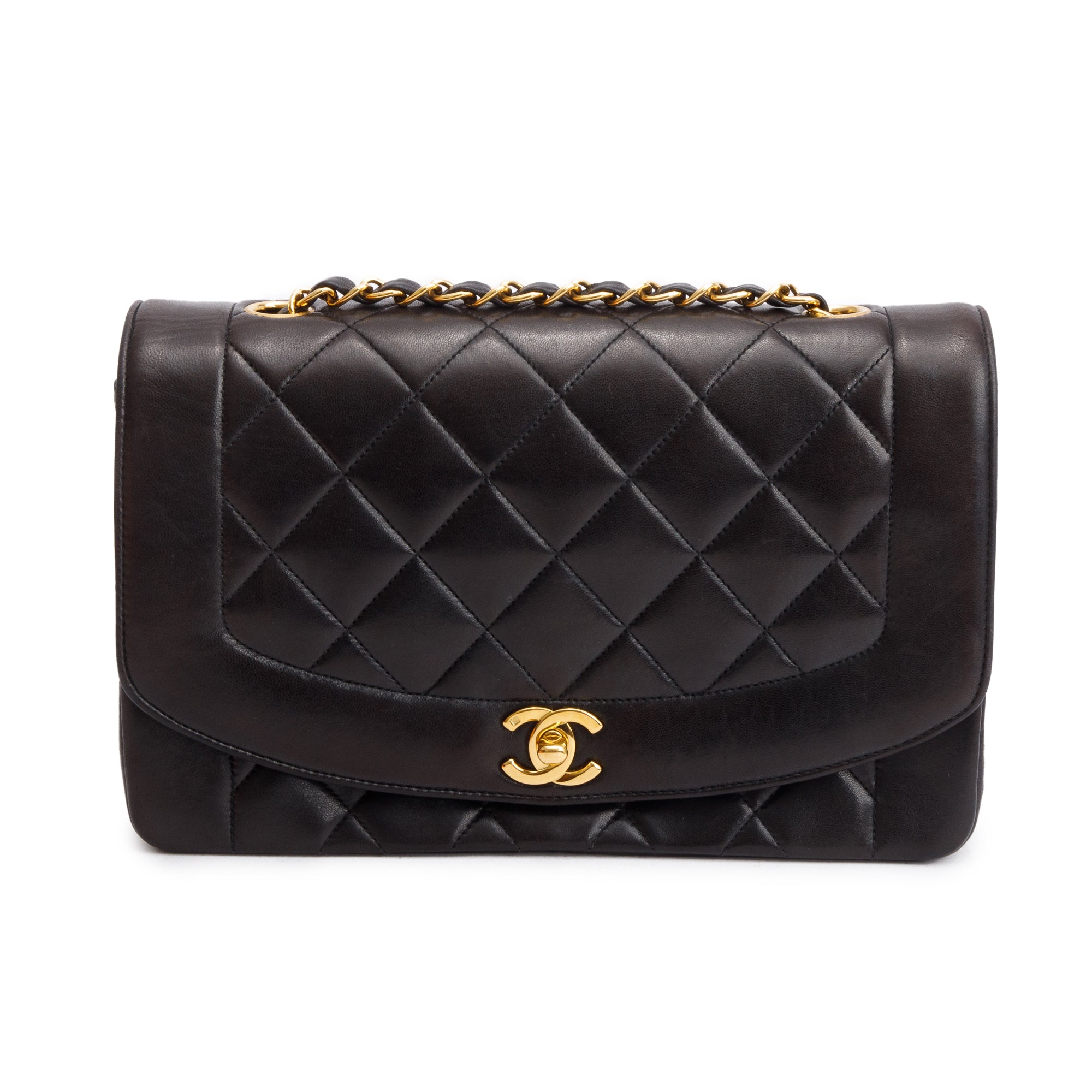 Chanel Vintage Black Lambskin Leather Medium Diana Flap Bag w/ Box & Authenticity Cart