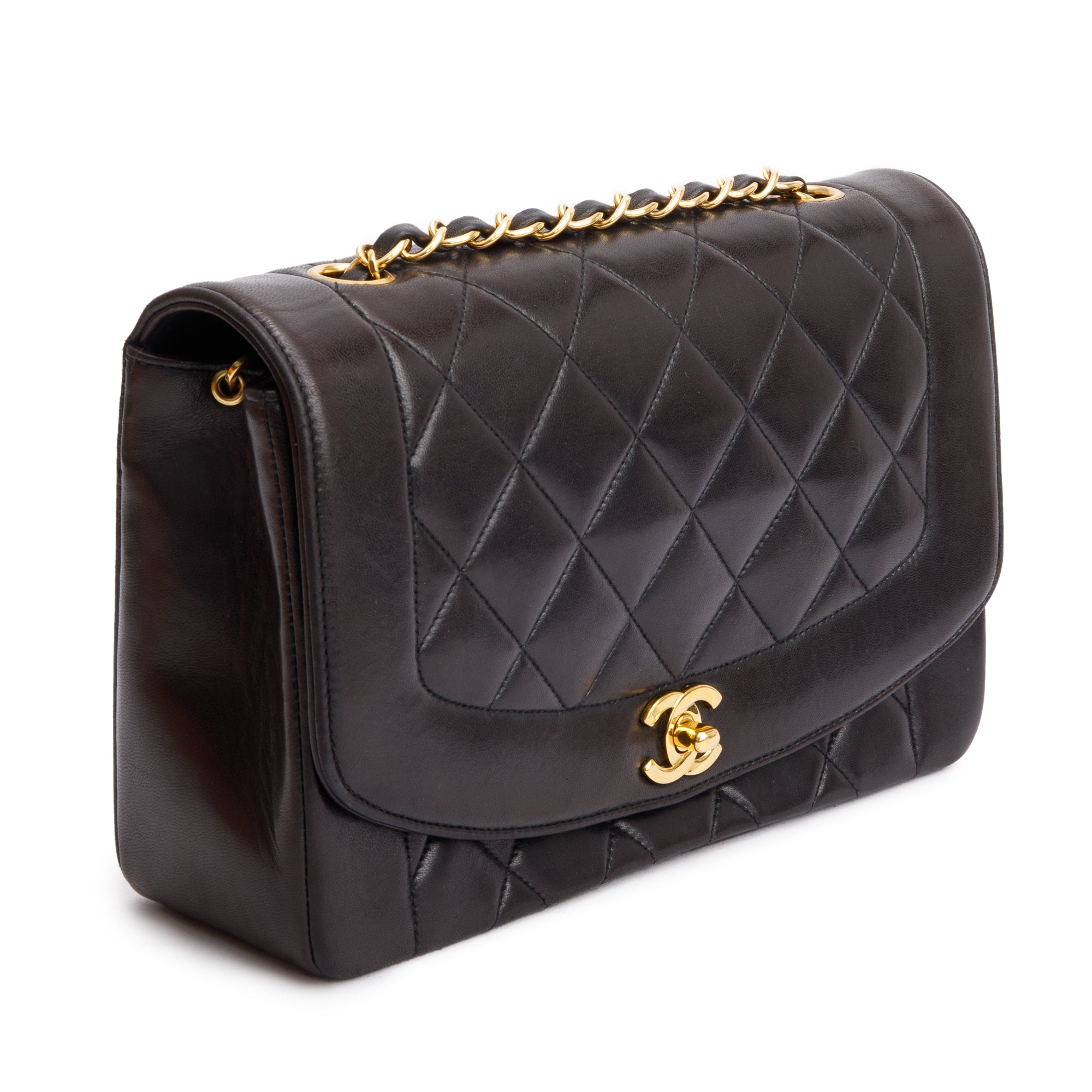 Chanel Vintage Black Lambskin Leather Medium Diana Flap Bag w/ Box & Authenticity Cart