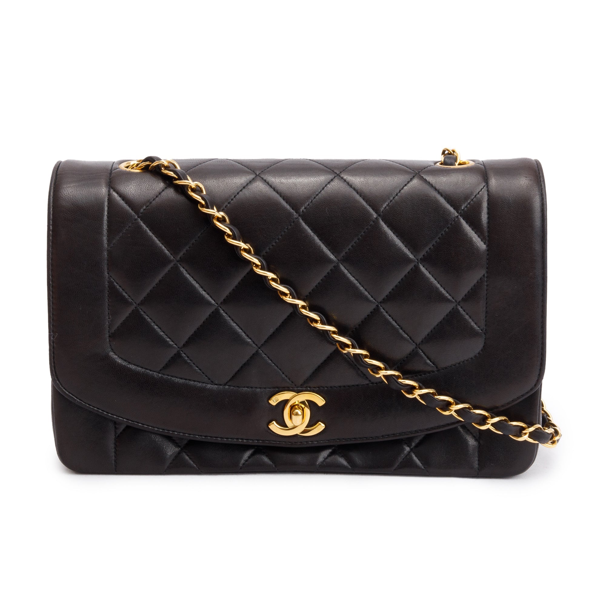 Chanel Vintage Black Lambskin Leather Medium Diana Flap Bag w/ Box & Authenticity Cart