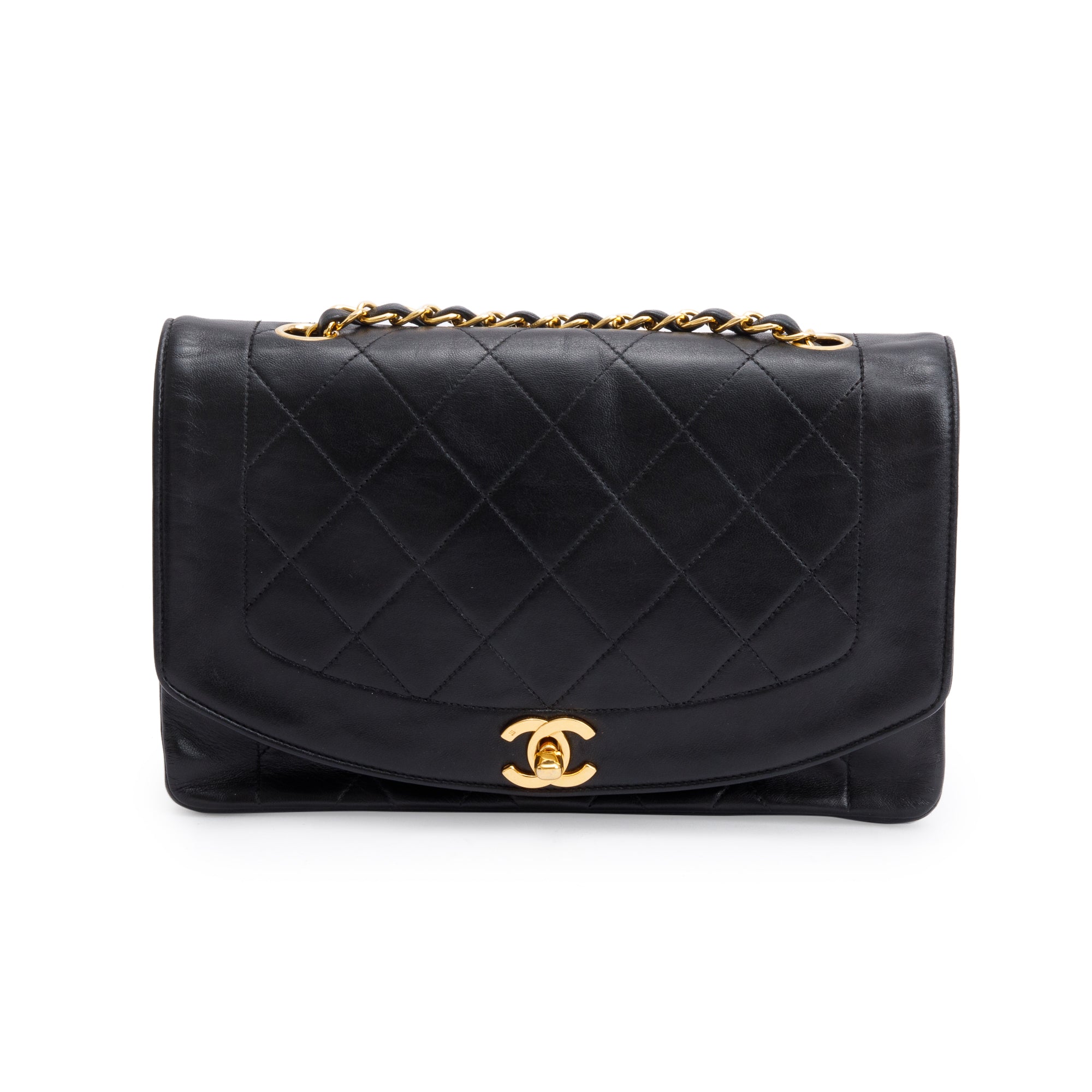 Chanel Vintage Black Lambskin Leather Medium Diana Flap Bag