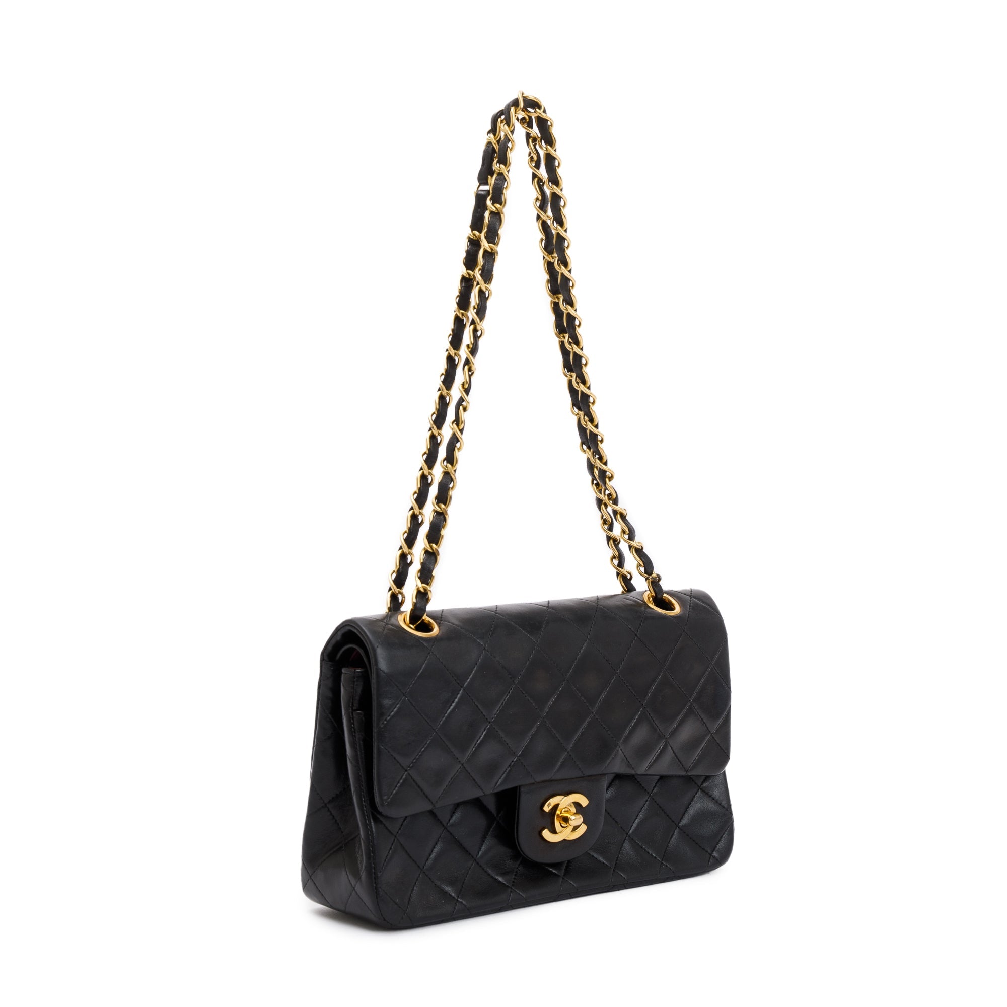 Chanel Vintage Black Lambskin Leather Small Classic Double Flap Bag