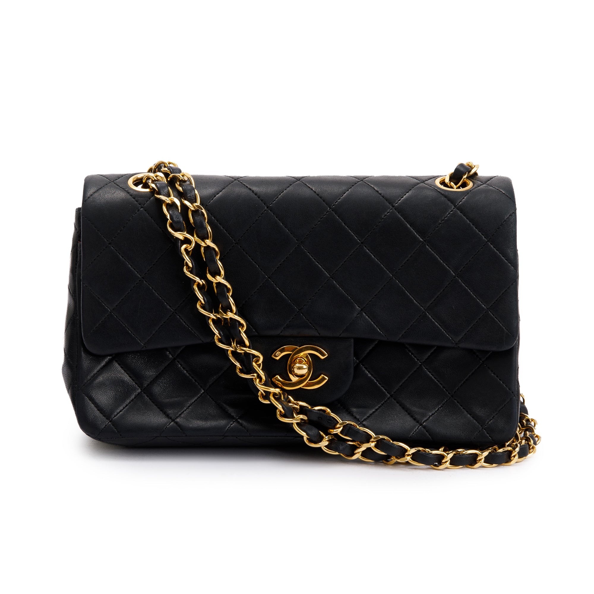 Chanel Vintage Black Lambskin Leather Small Classic Double Flap Bag