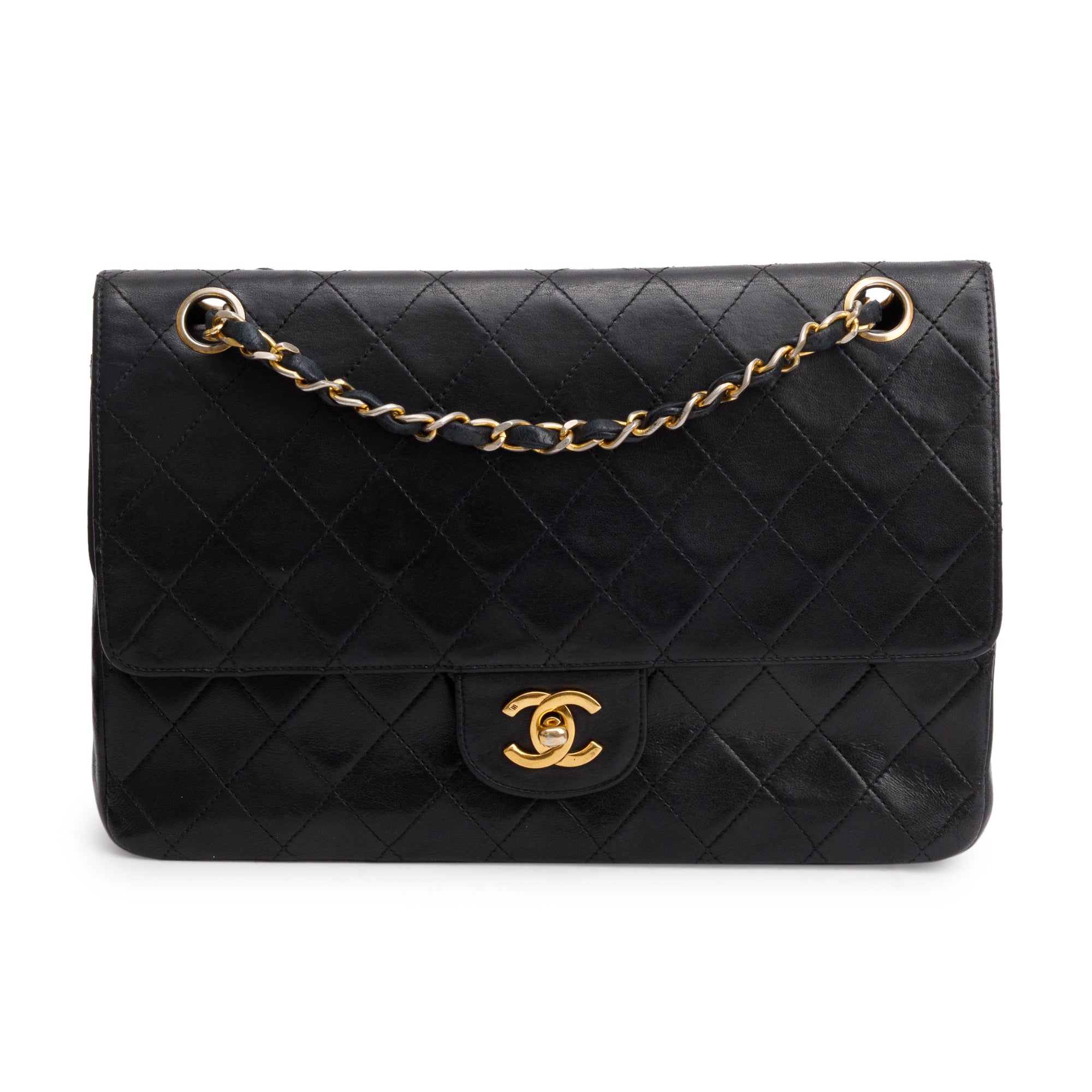 Chanel Vintage Black Lamskin Leather Medium Square Double Flap Bag