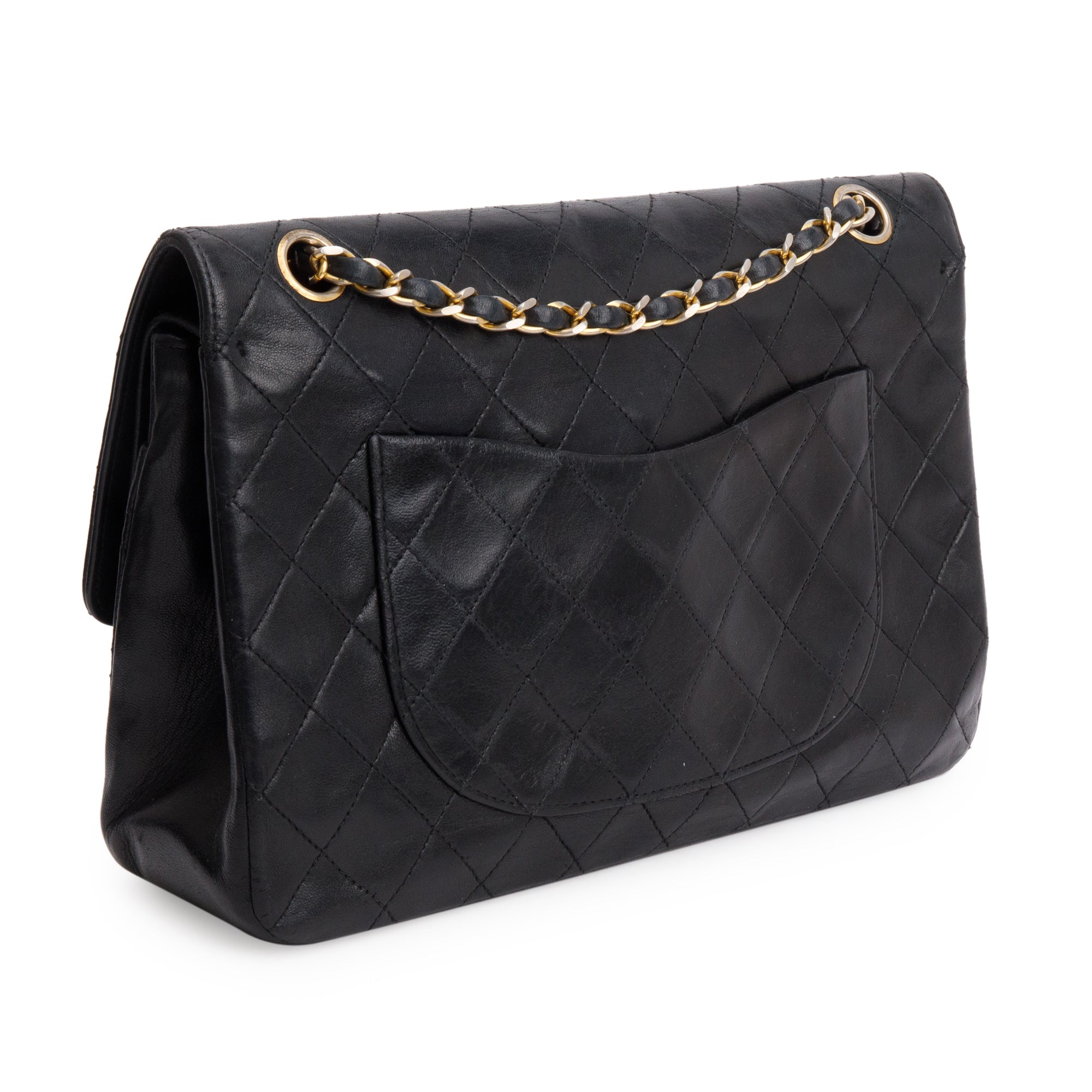 Chanel Vintage Black Lamskin Leather Medium Square Double Flap Bag