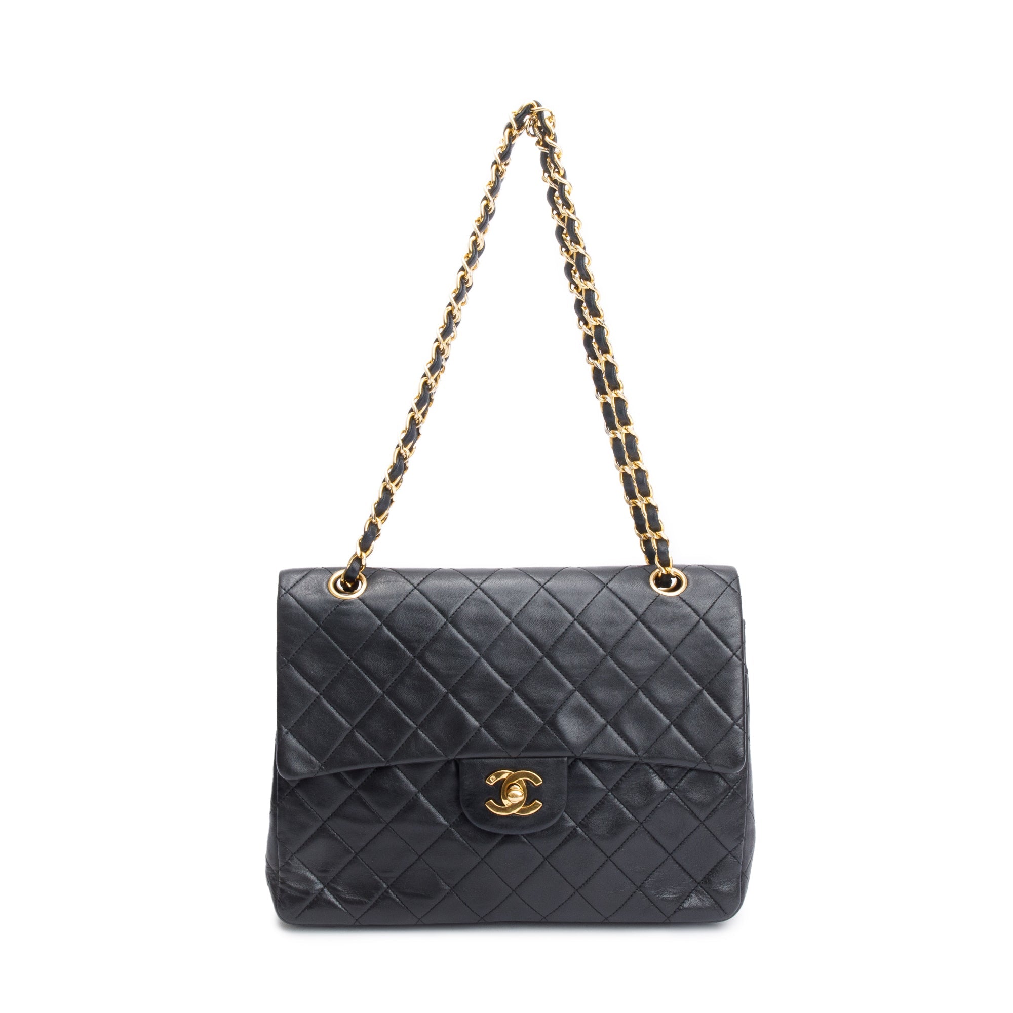 Chanel Vintage Black Lamskin Leather Medium Square Double Flap Bag w/ Authenticity Card