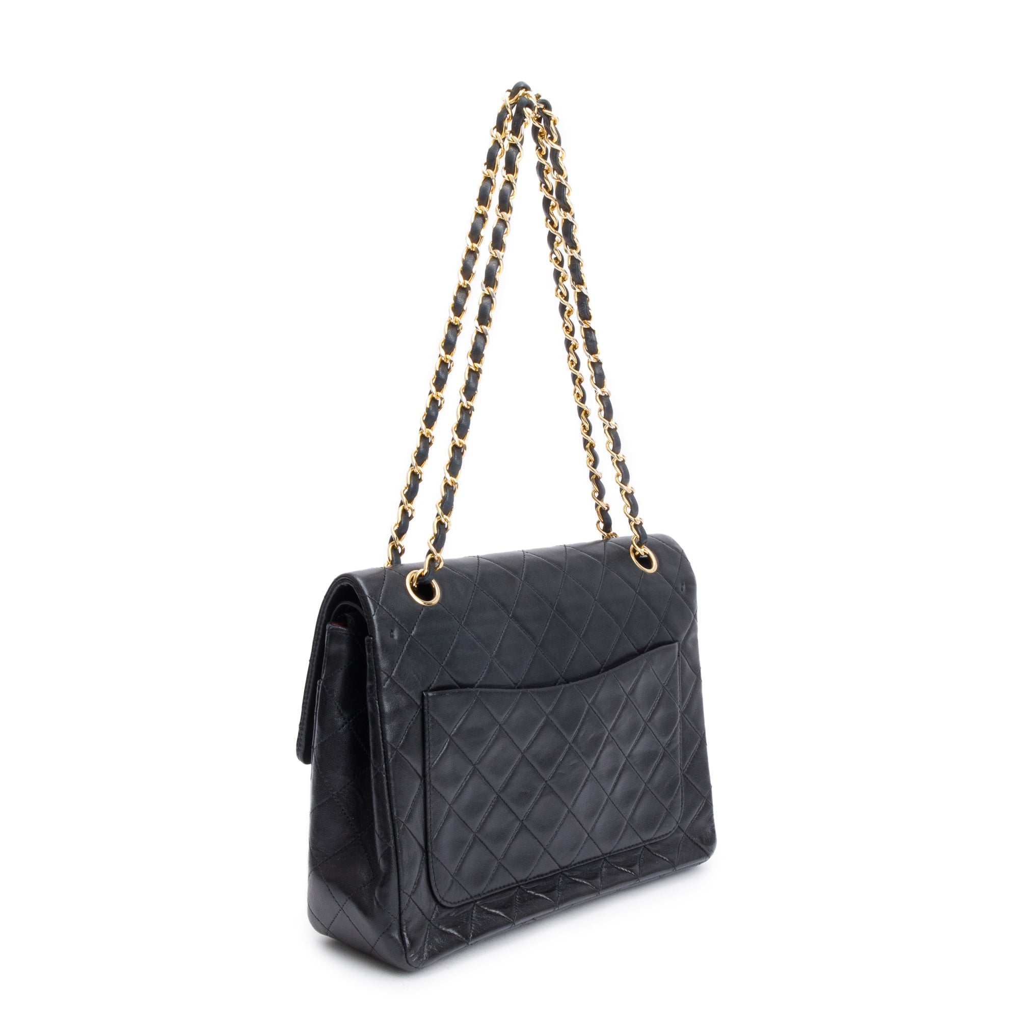 Chanel Vintage Black Lamskin Leather Medium Square Double Flap Bag w/ Authenticity Card
