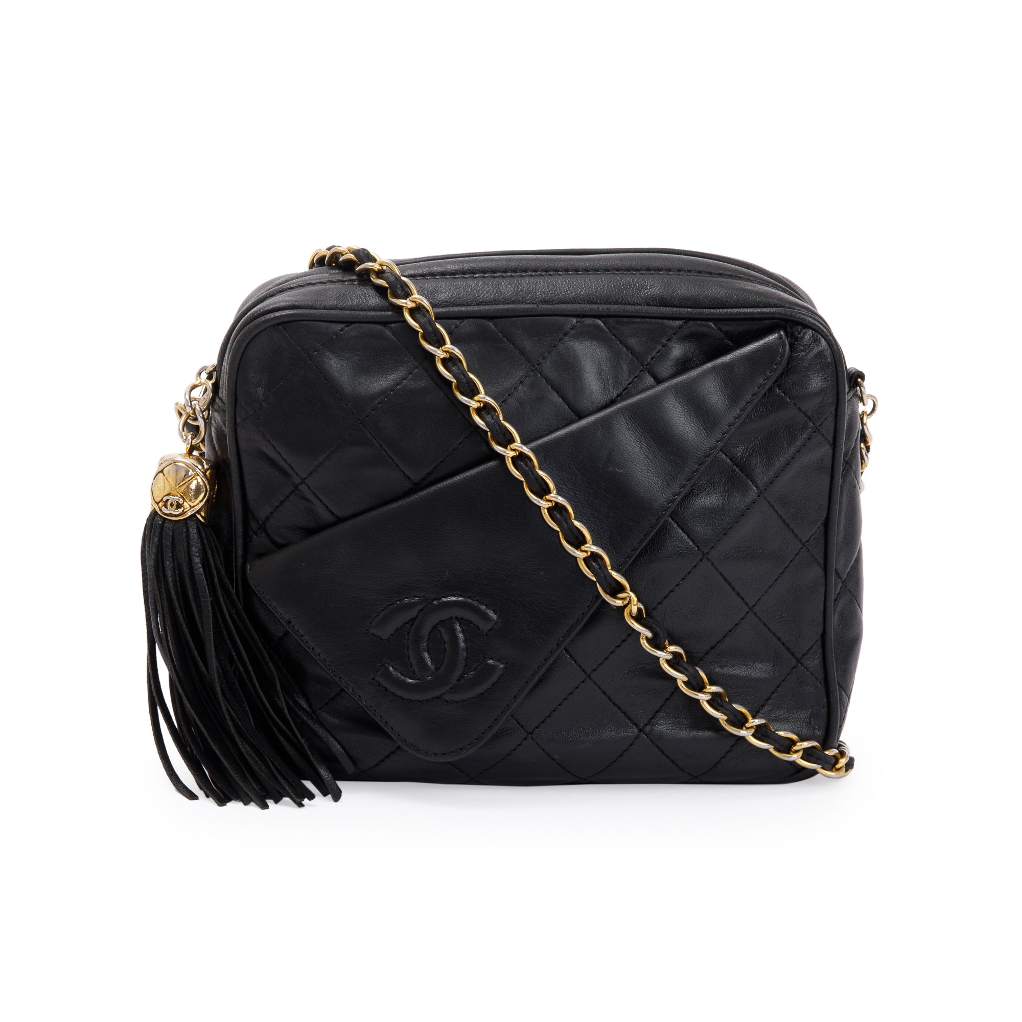Chanel Vintage Black Quilted Calfskin Leather CC Tassel Camera Bag
