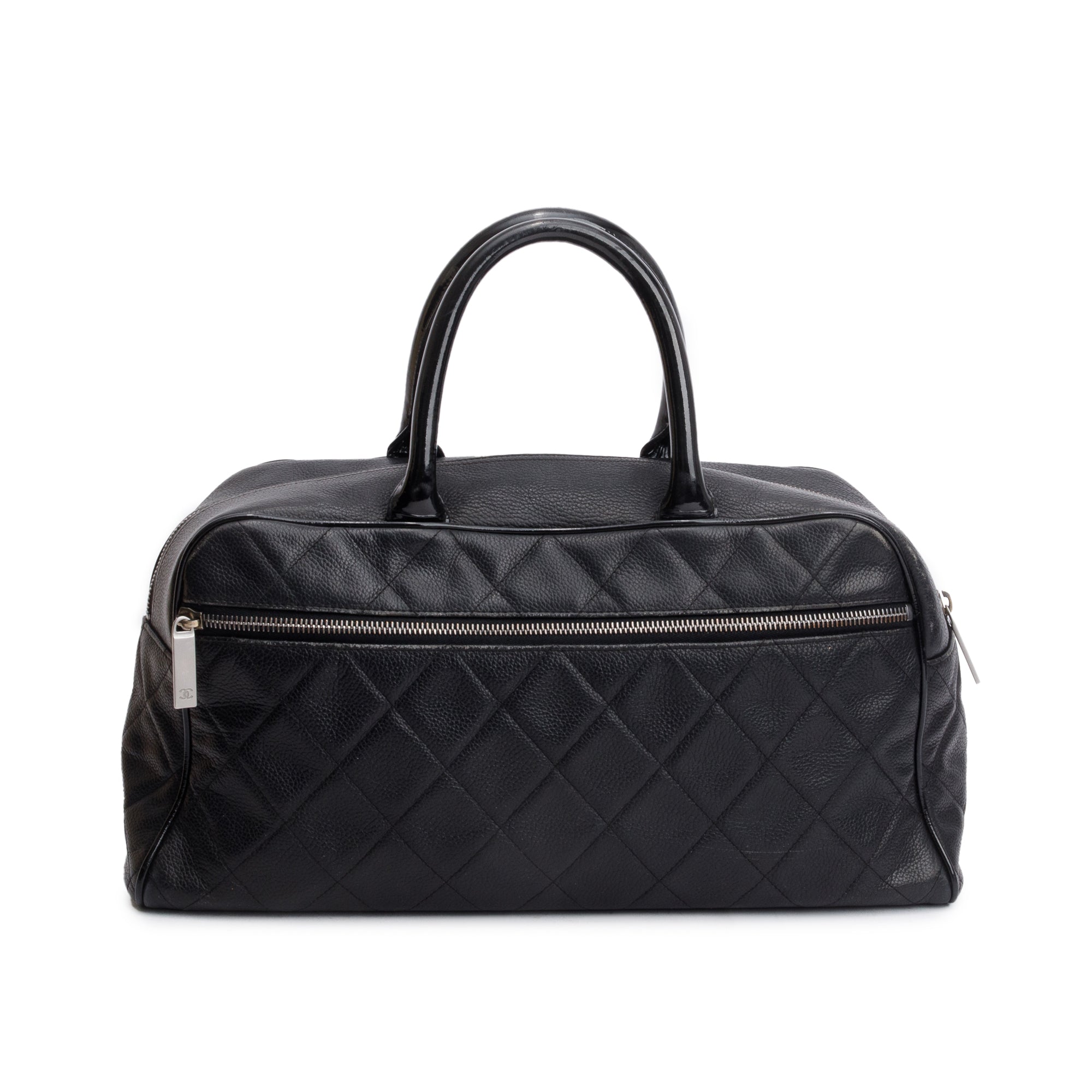 Chanel Vintage Black Quilted Caviar Leather Large Logo Bowler Bag