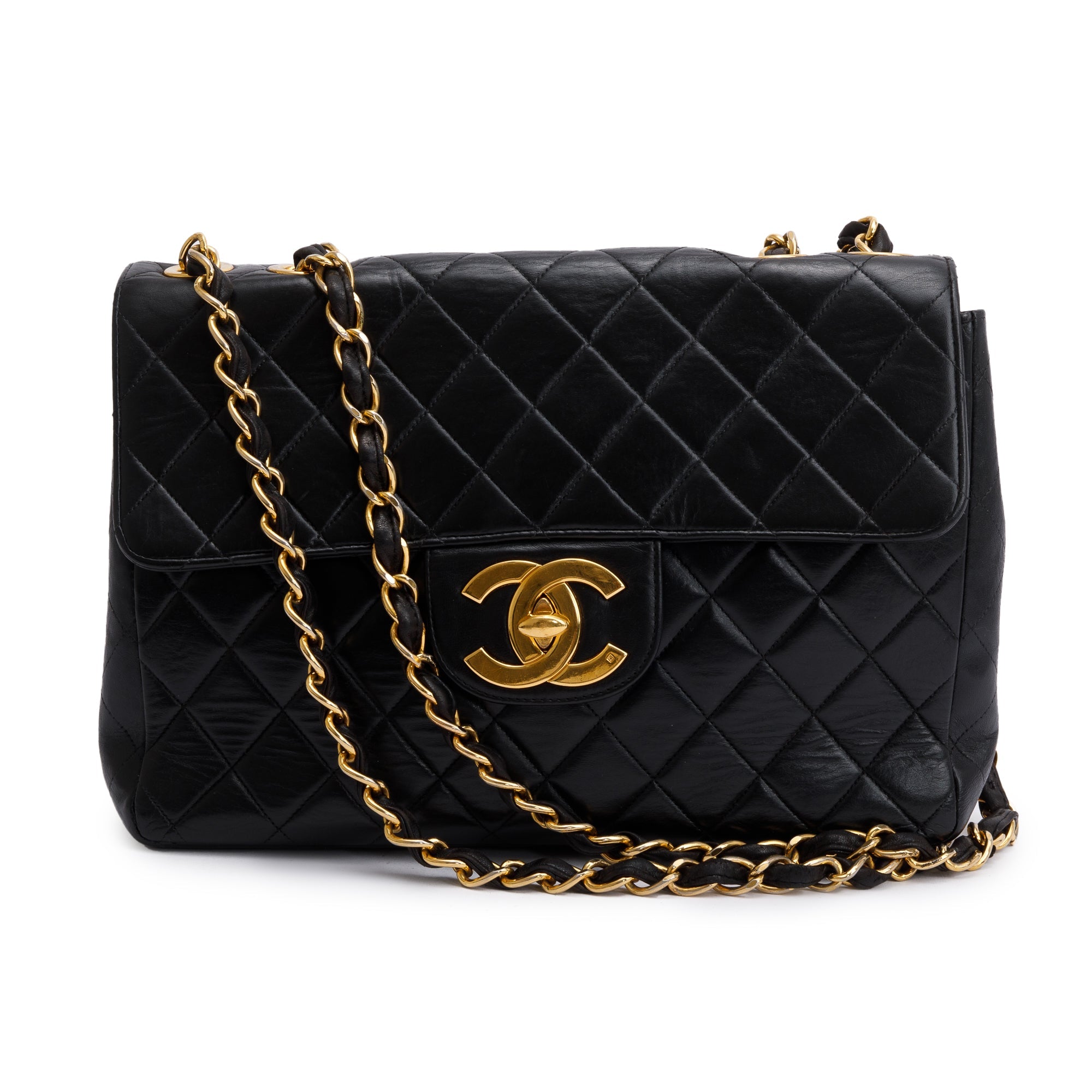 Chanel Vintage Black Quilted Lambskin Classic Jumbo Single Flap Bag