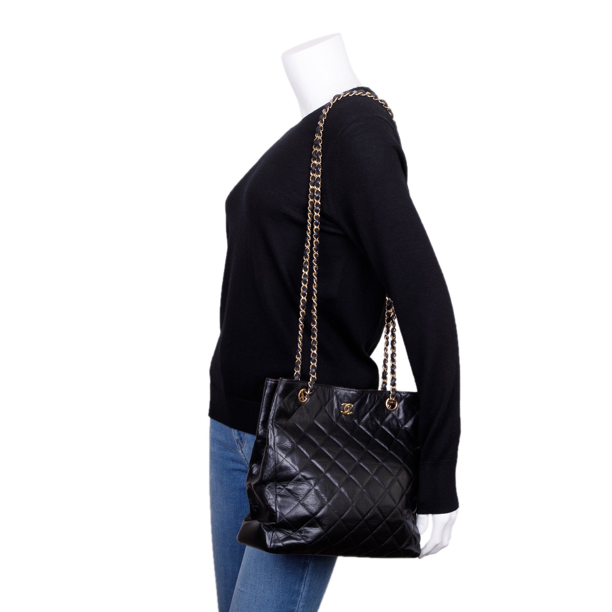 Chanel Vintage Black Quilted Lambskin Leather CC Shopping Tote