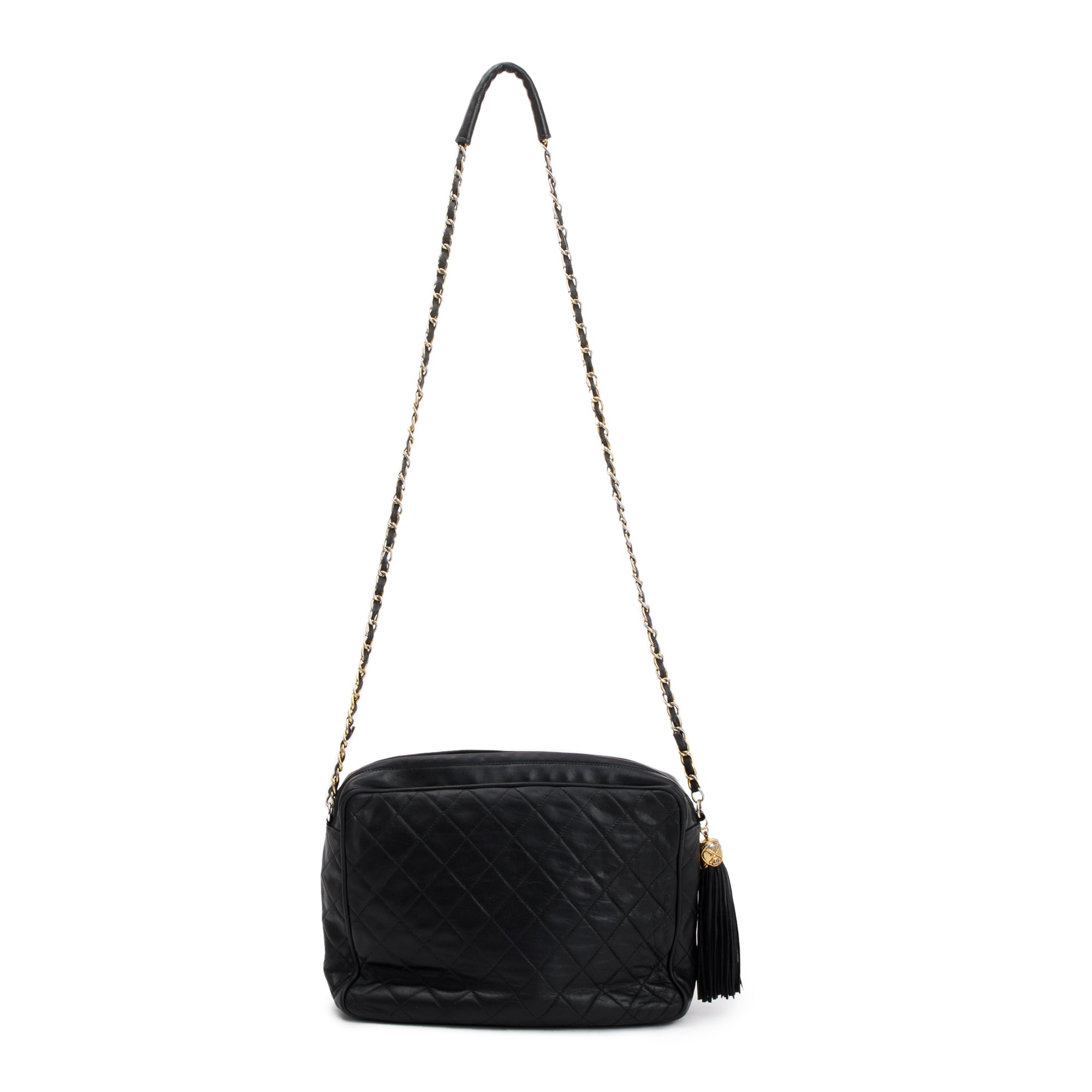 Chanel Vintage Black Quilted Lambskin Leather CC Tassel Camera Bag